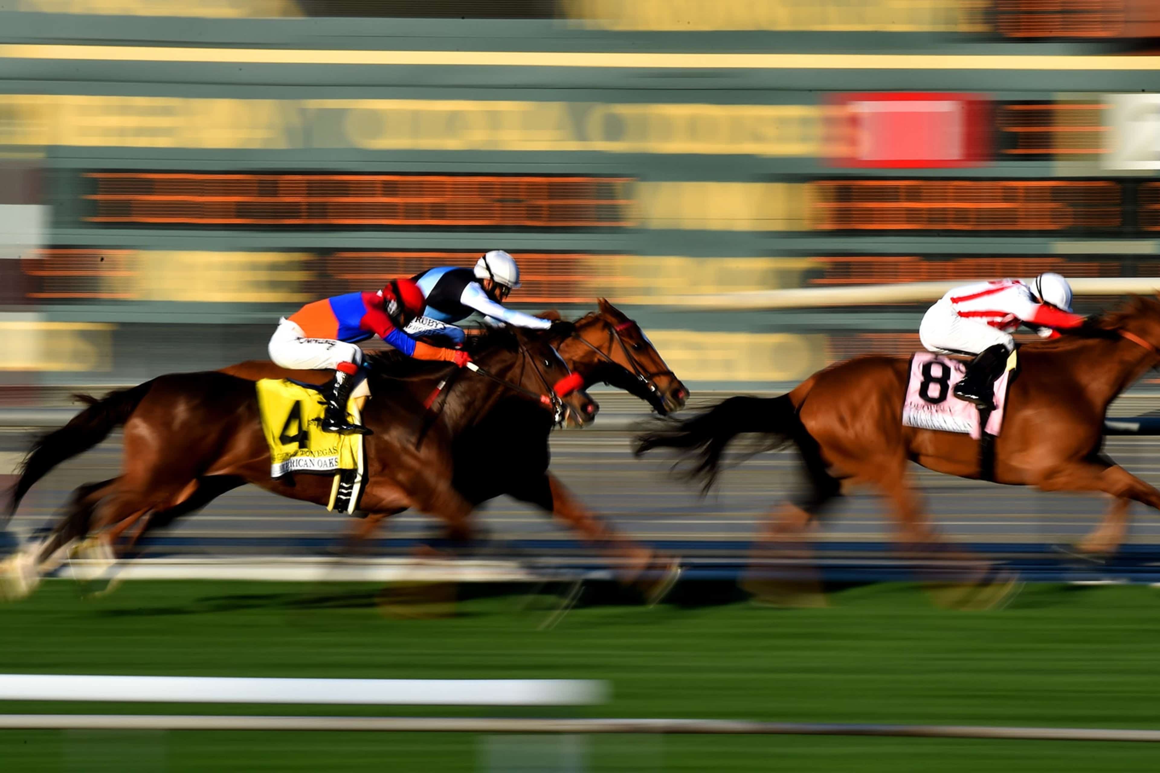 Jockey Flavien Prat (8) riding Duopoly wins the American Oaks (Grade 1) turf race during opening day of horse racing at Santa Anita Park in Arcadia on Saturday, December 26, 2020