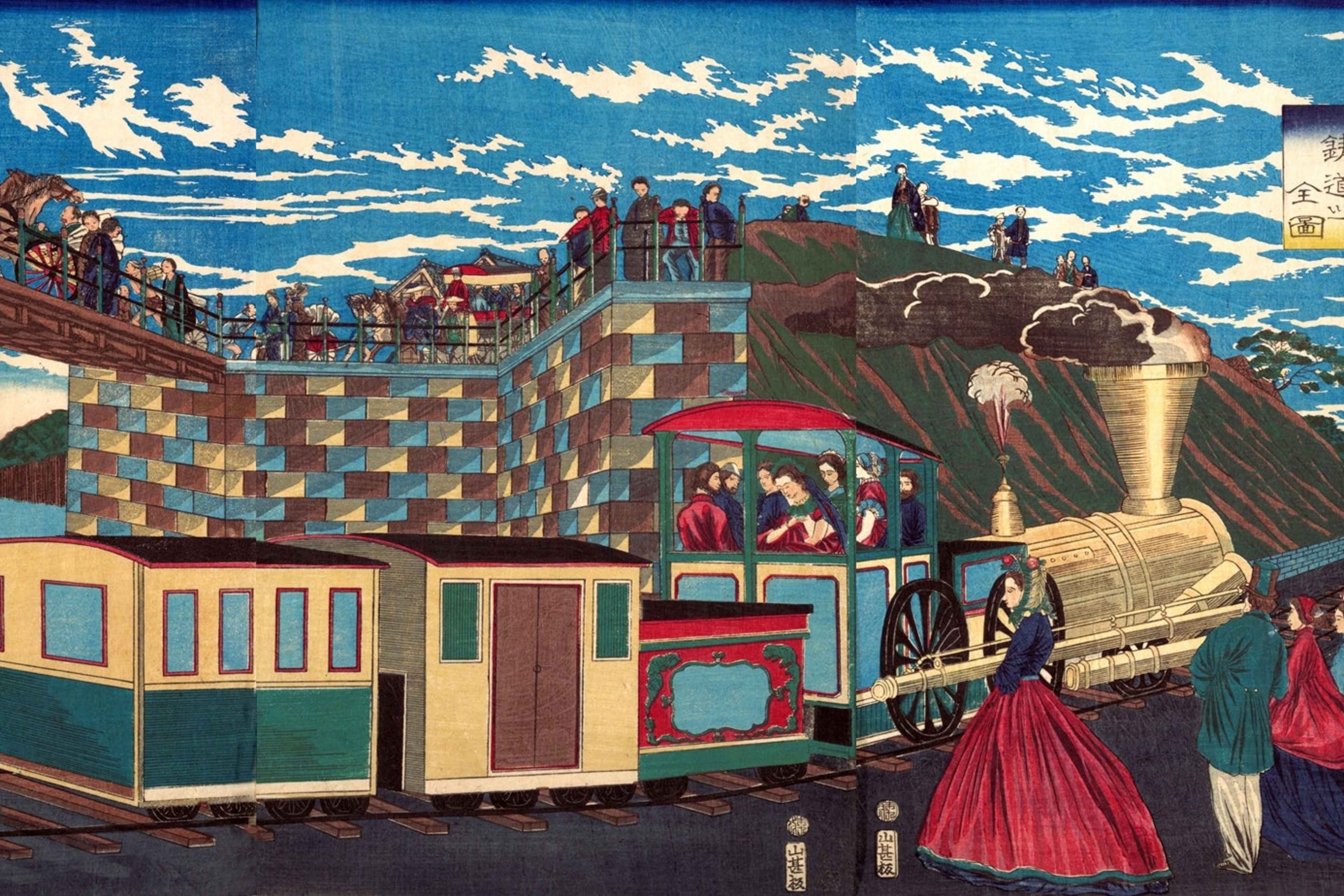 Steam locomotive at Takanawa, seen during Japan's Meiji Restoration.