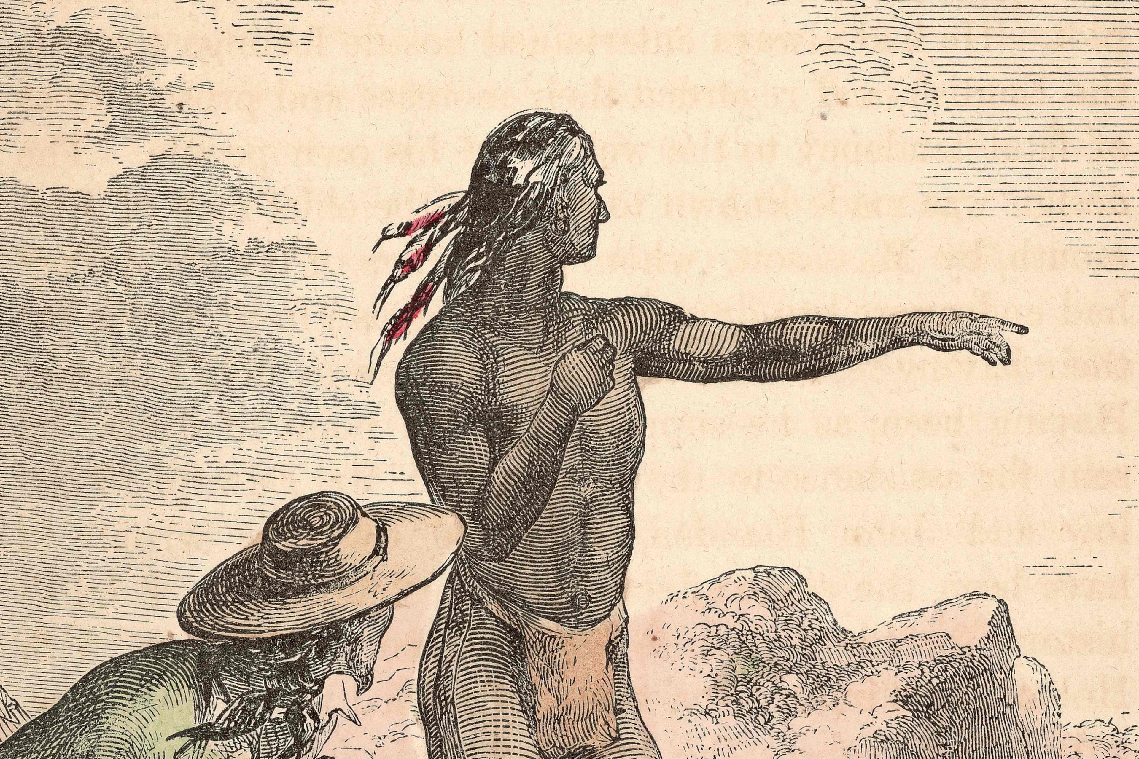 Detail of illustration depicting Native American Squanto (a.k.a. Tisquantum), of the Patuxet tribe, serving as guide and interpreter for the Pilgrims at the Plymouth Colony, circa 1621.