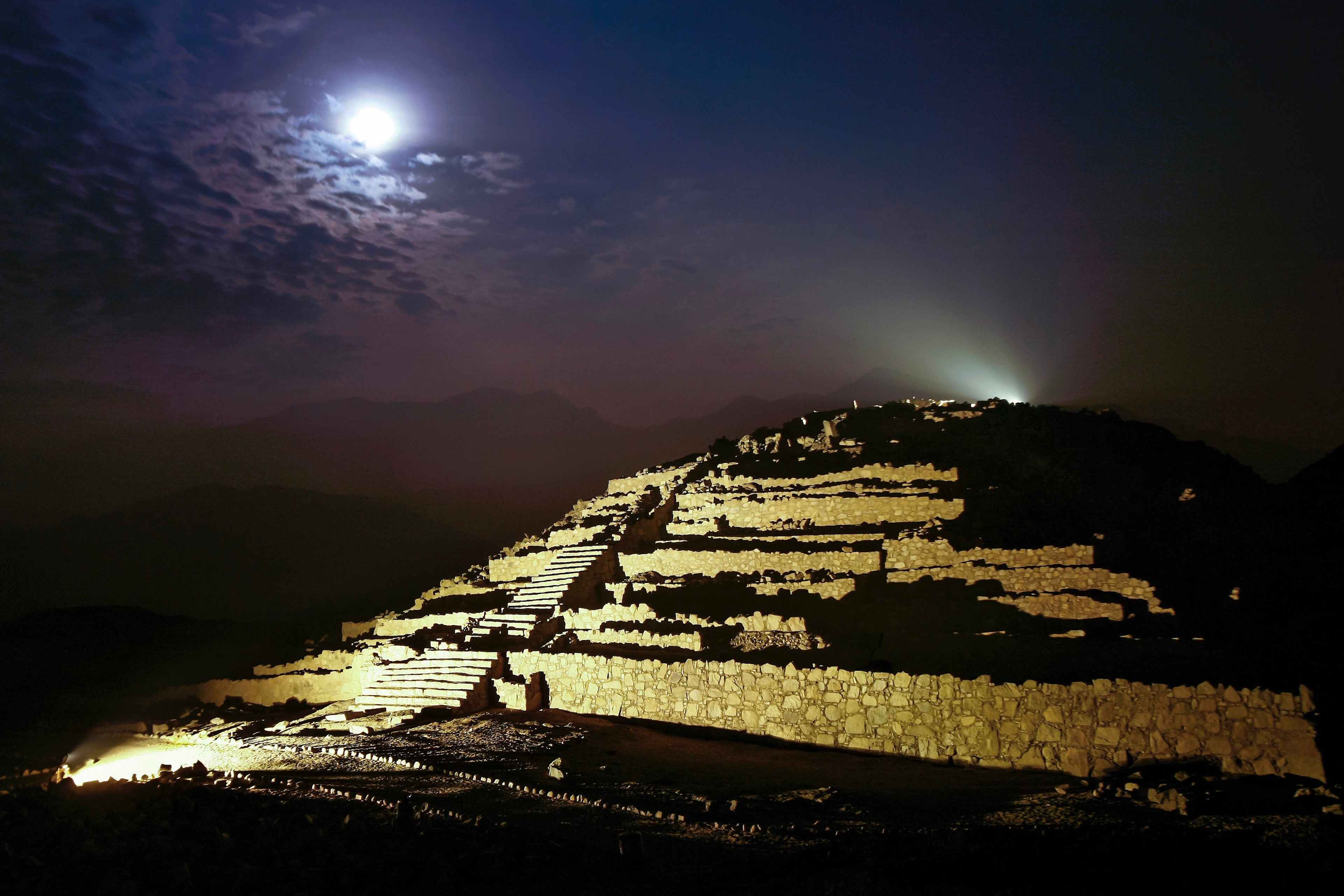 Night view of the UNESCO World Heritage-listed archaeological site of Caral-Supe, one of the oldest centers of civilization in the Americas.