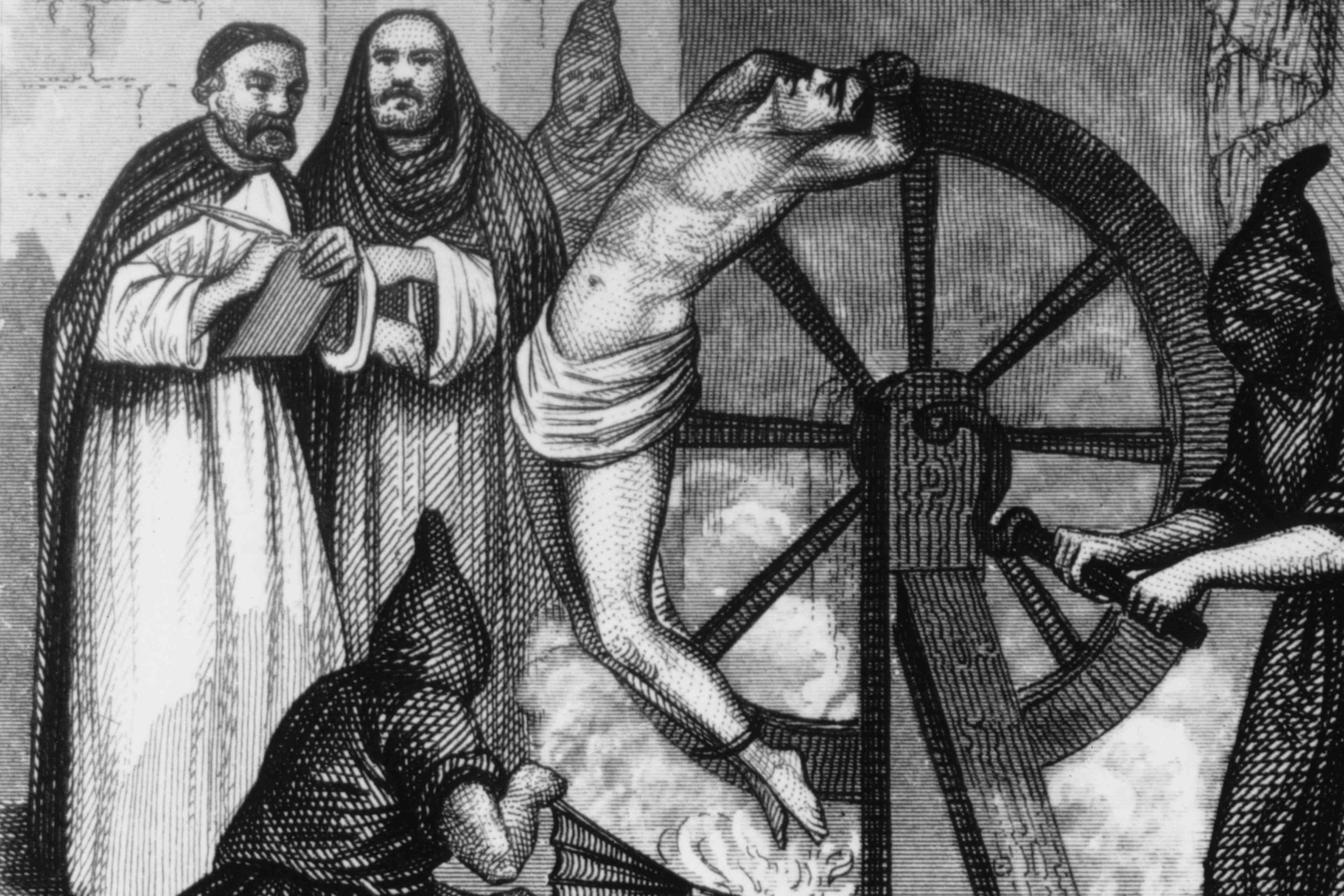 A prisoner undergoing torture at the hands of the Spanish Inquisition, c. 1500. Monks in the background wait for his confession with quill and paper.
