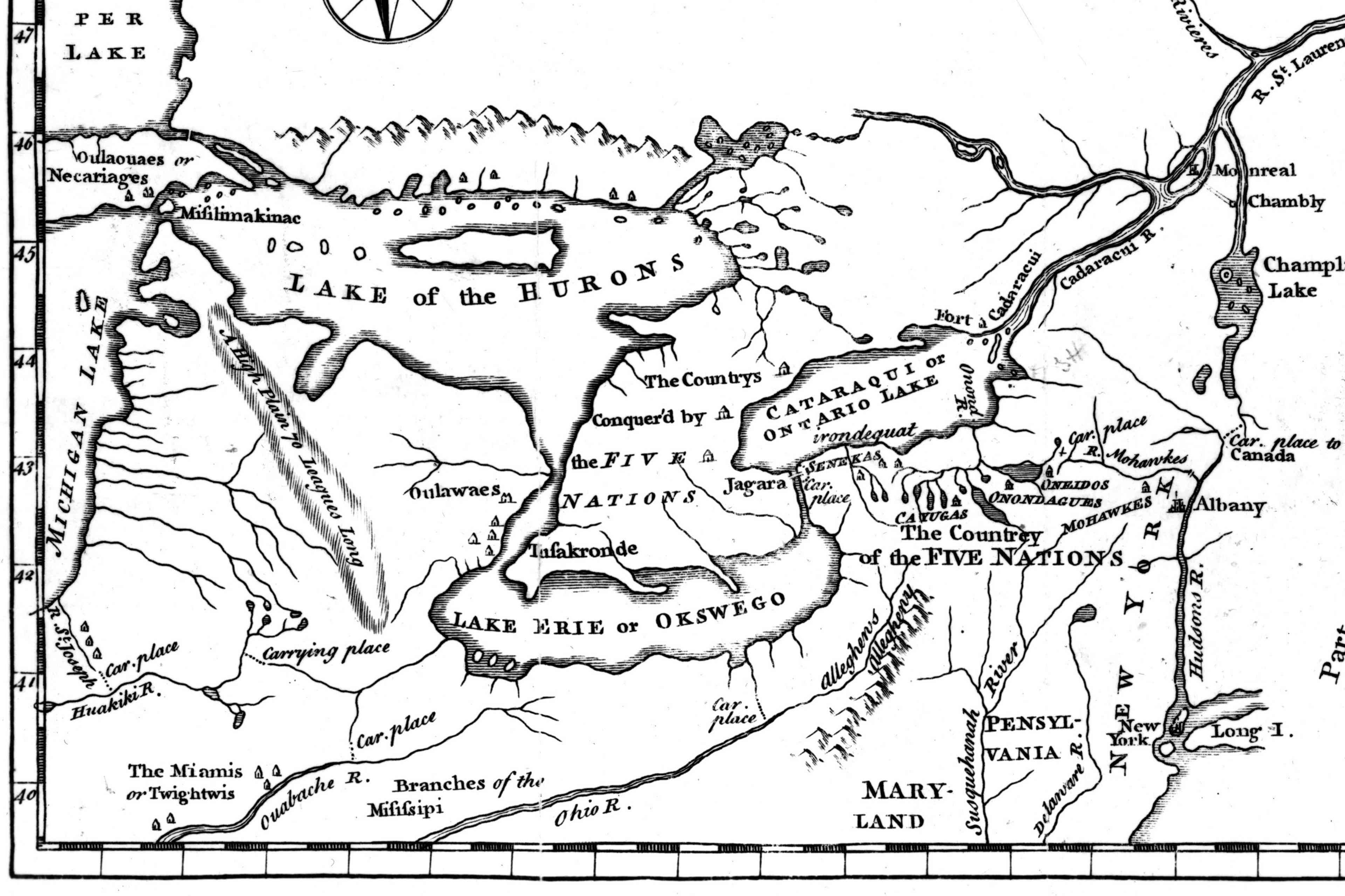Mid-18th century map of the Iroquois Confederacy, also known as the Five (later Six) Nations