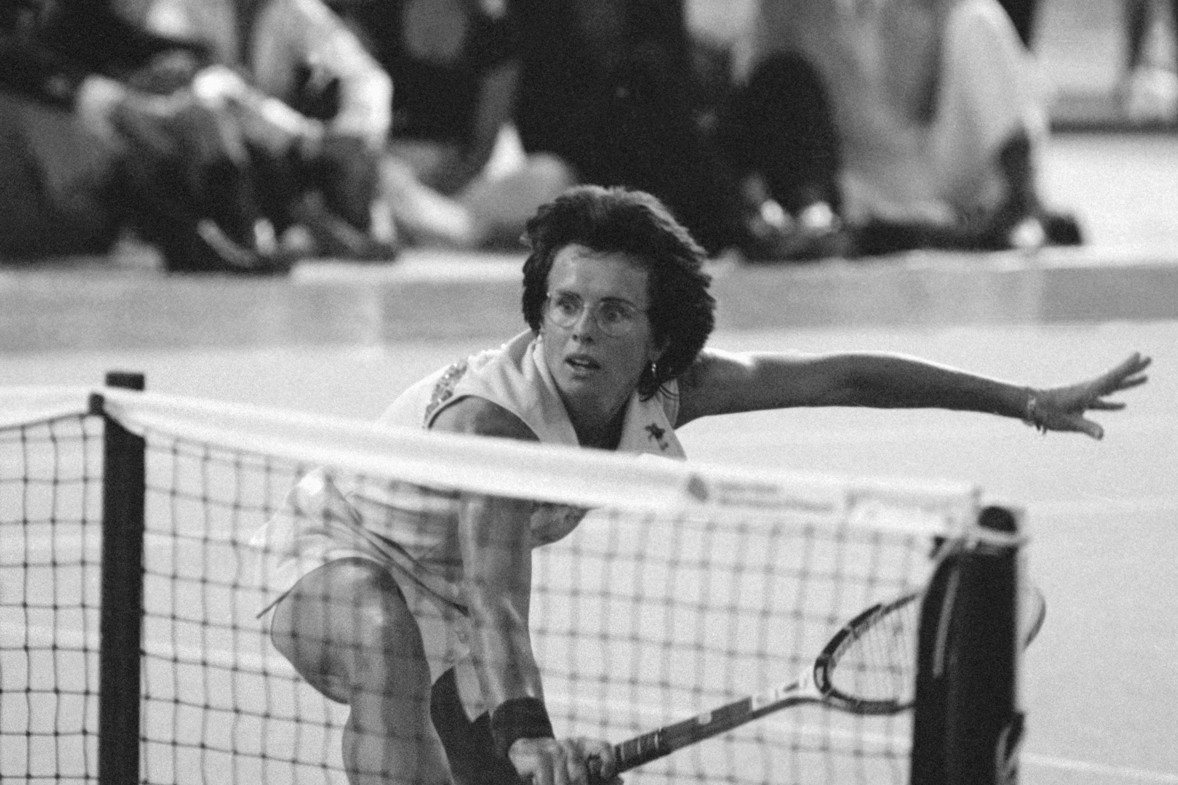 Tennis player Billie Jean King is shown in action during the "Battle of the Sexes" against Bobby Riggs, not pictured, in their winner-take-all $100,000 match in the Astrodome.