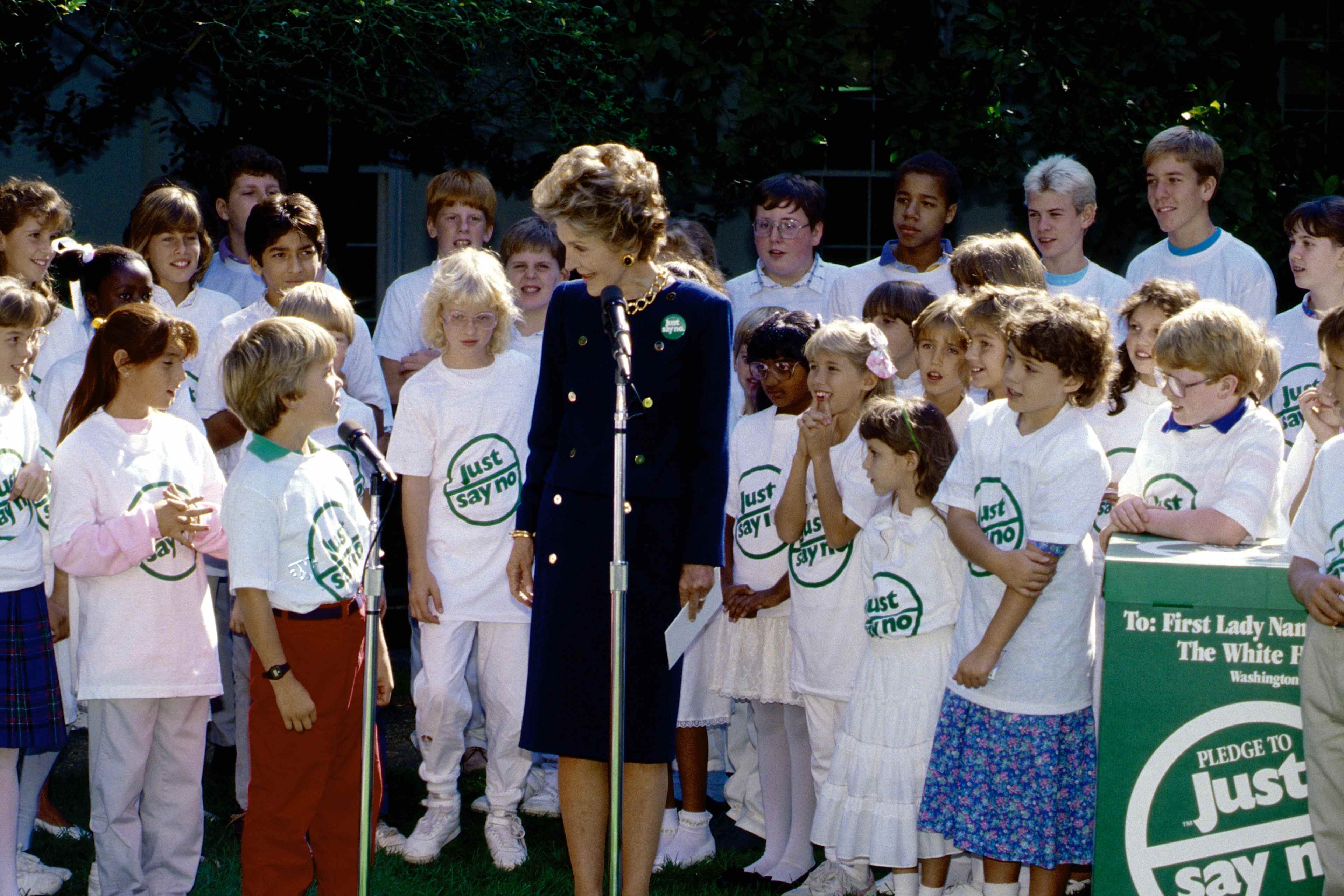 Washington, DC. September 1987: First Lady Nancy Reagan accepts on behalf of the 'Just Say No Club' a check from the Proctor & Gamble company for $150,000.