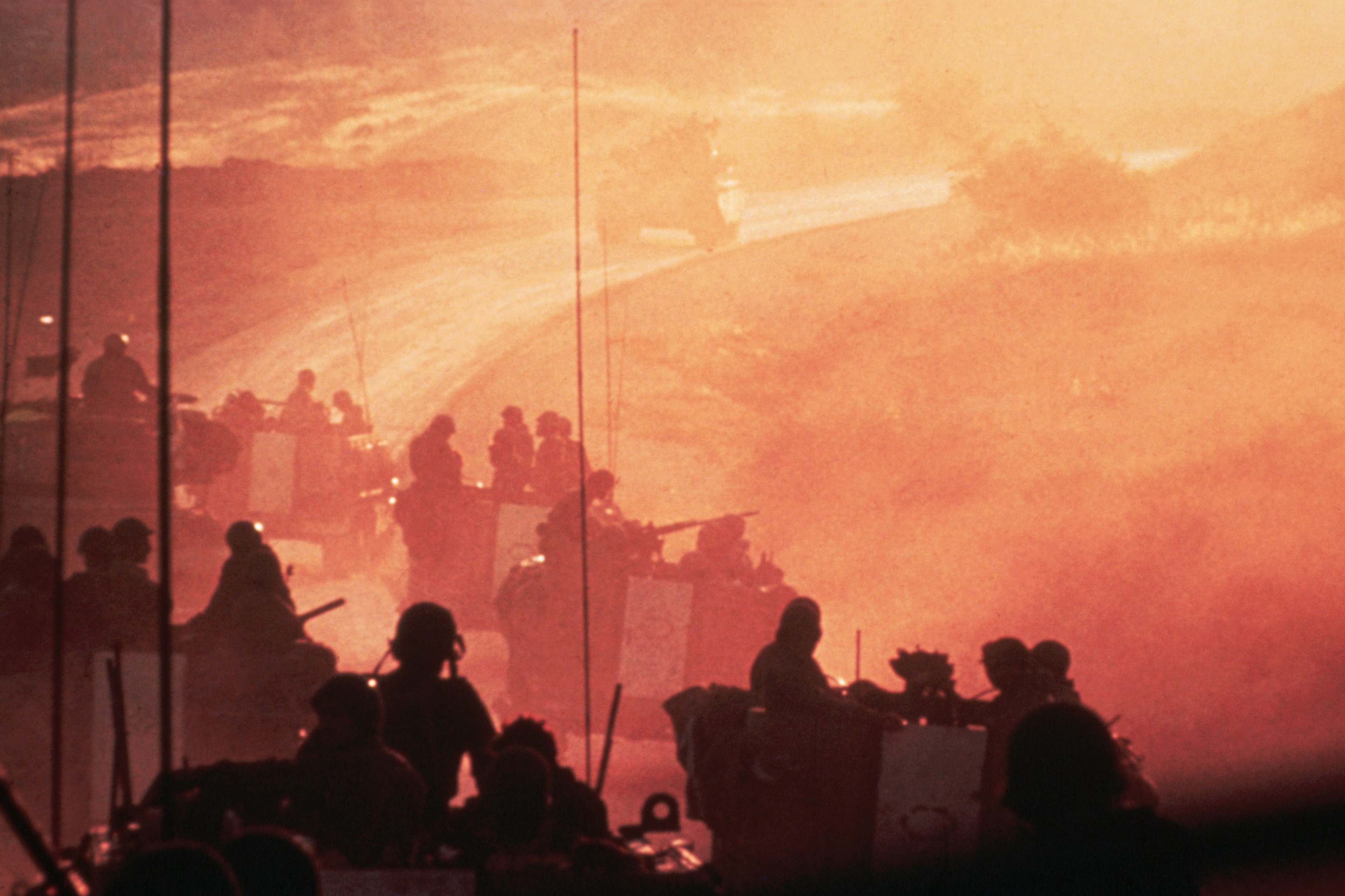 An Israeli armored brigade makes it's way up to the Golan Heights to relieve the forces under Syrian attack at dawn of day two of the Yom Kippur War in 1973.