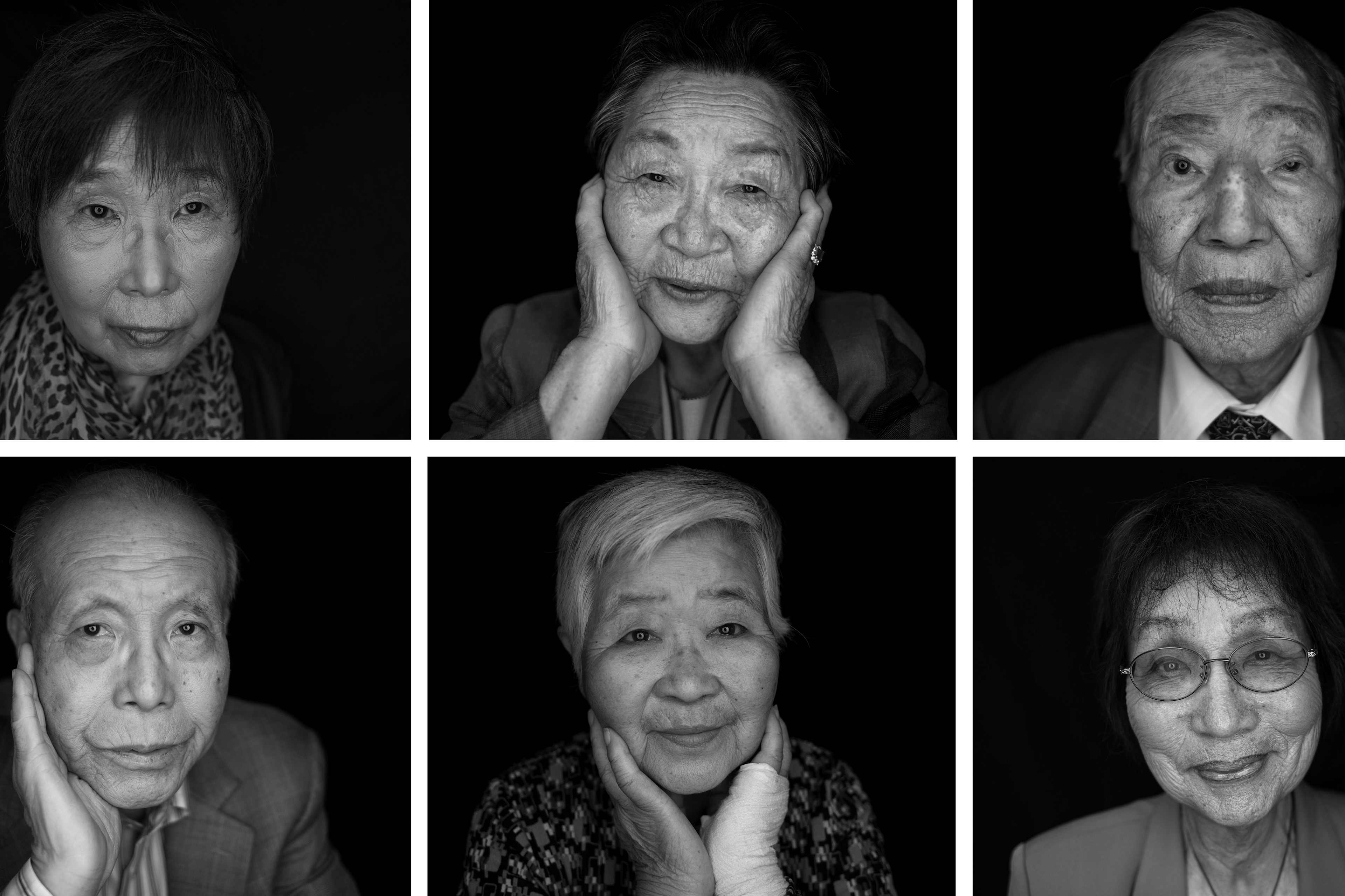 Portraits taken on May 25 and 26, 2016 of survivors of the 1945 atomic bombing of Hiroshima: (top L to R) Keiko Ogura, Park Nam-Joo, Sunao Tsuboi; (bottom L to R) Shigeaki Mori, Misako Katani and Emiko Okada in Hiroshima