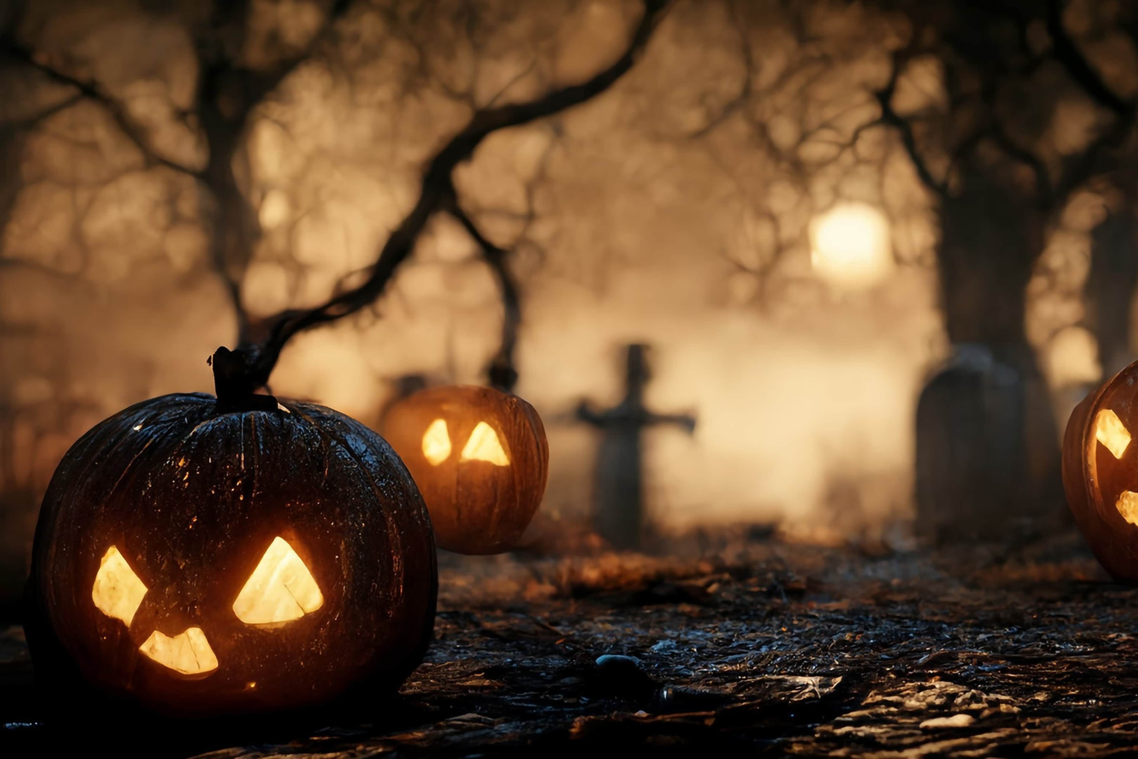 A spooky Halloween scene in a graveyard with Jack-o-lanterns.