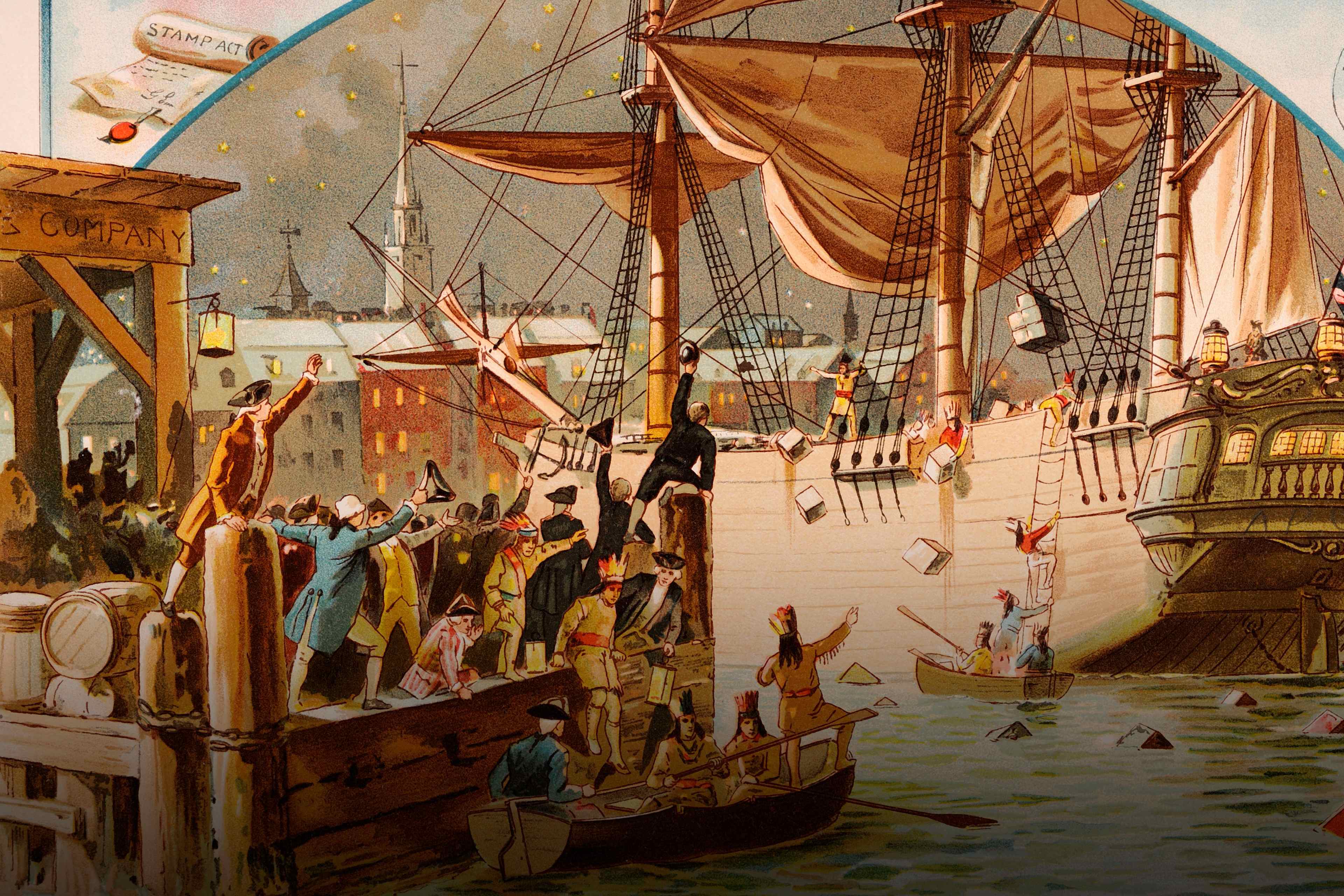 The Boston Tea Party when American colonists threw British tea into Boston Harbor in protest against an exorbitant tax on the product (Photo by Popperfoto via Getty Images/Getty Image)