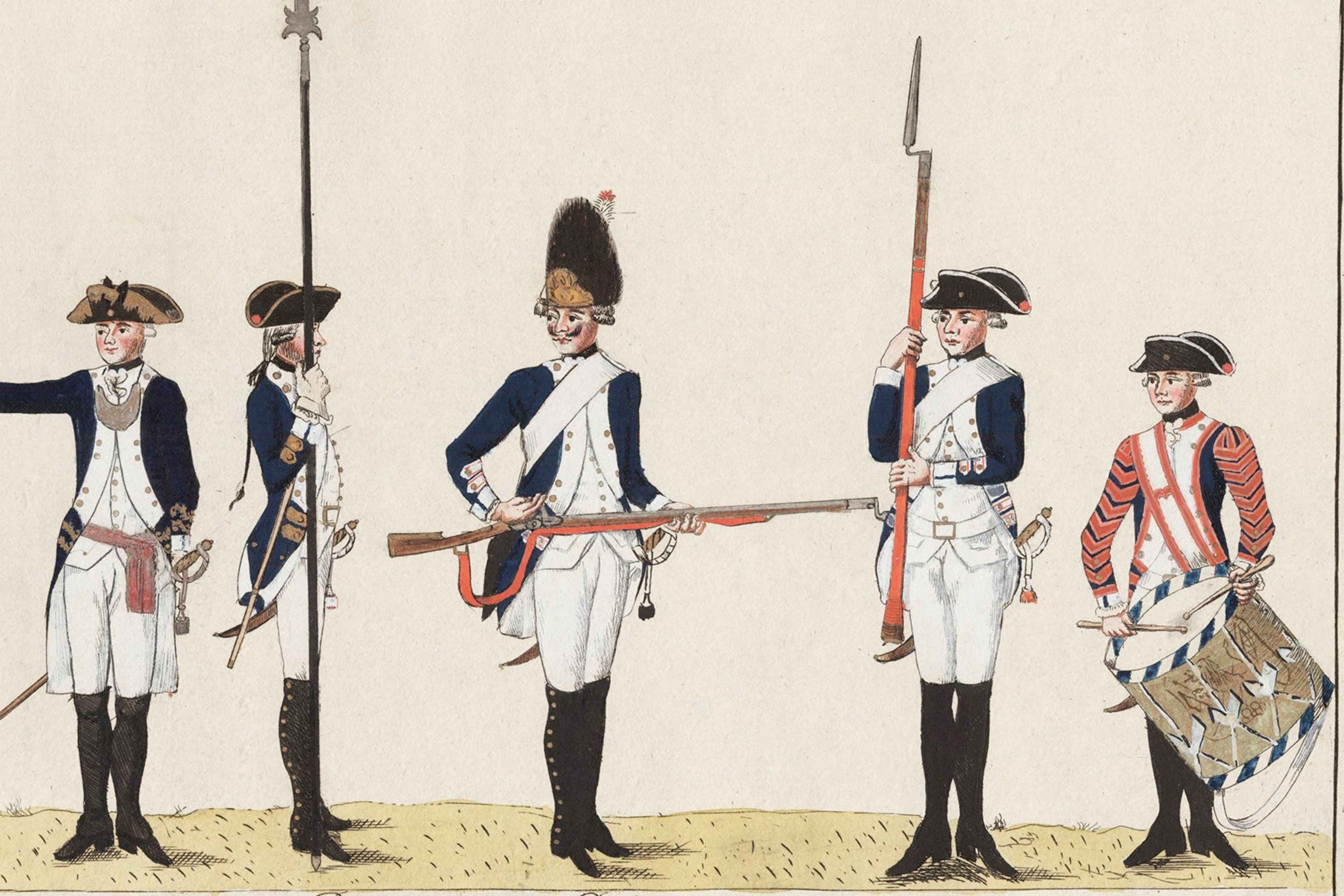 Illustrated bookplate of Hessian soldiers in their 1784 uniforms. Printed in the book, "Armée Hessoise" by JH Carl & JC Muller in 1805. Artist J.H. Carl, 1784.