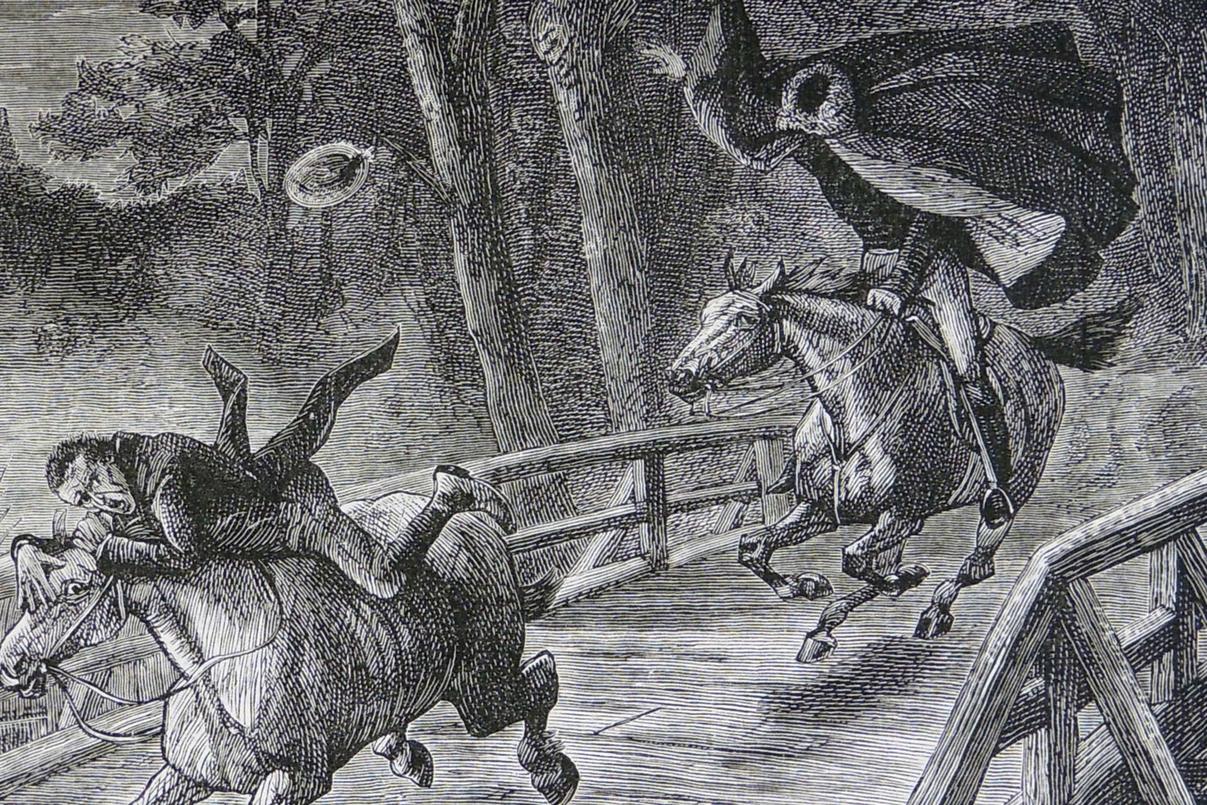 Ghosts: Ichabod terrified by the apparition of the Galloping Hessian.Ghosts, Ichabod terrified by the apparition of the Galloping Hessian. 1883 Illustration by W. Ralston for ''The Galloping Hessian'', short story by Washington Irving. (Photo by, Universal History Archive/Universal Images Group via Getty Images)
