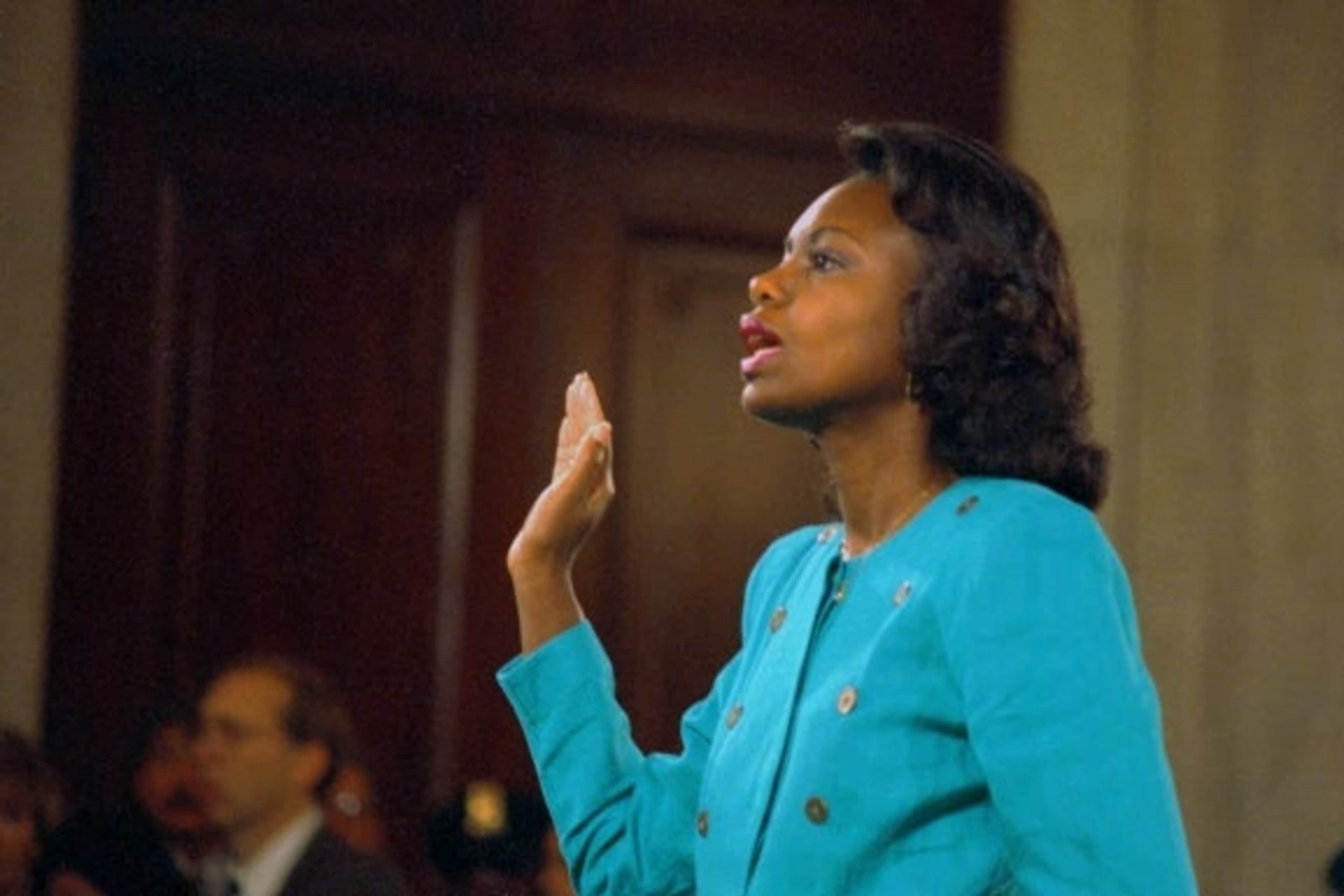 Professor Anita Hill being sworn-in before testifying at the Senate Judiciary hearing on the Clarence Thomas Supreme Court nomination. (Credit: Bettmann Archive/Getty Images)