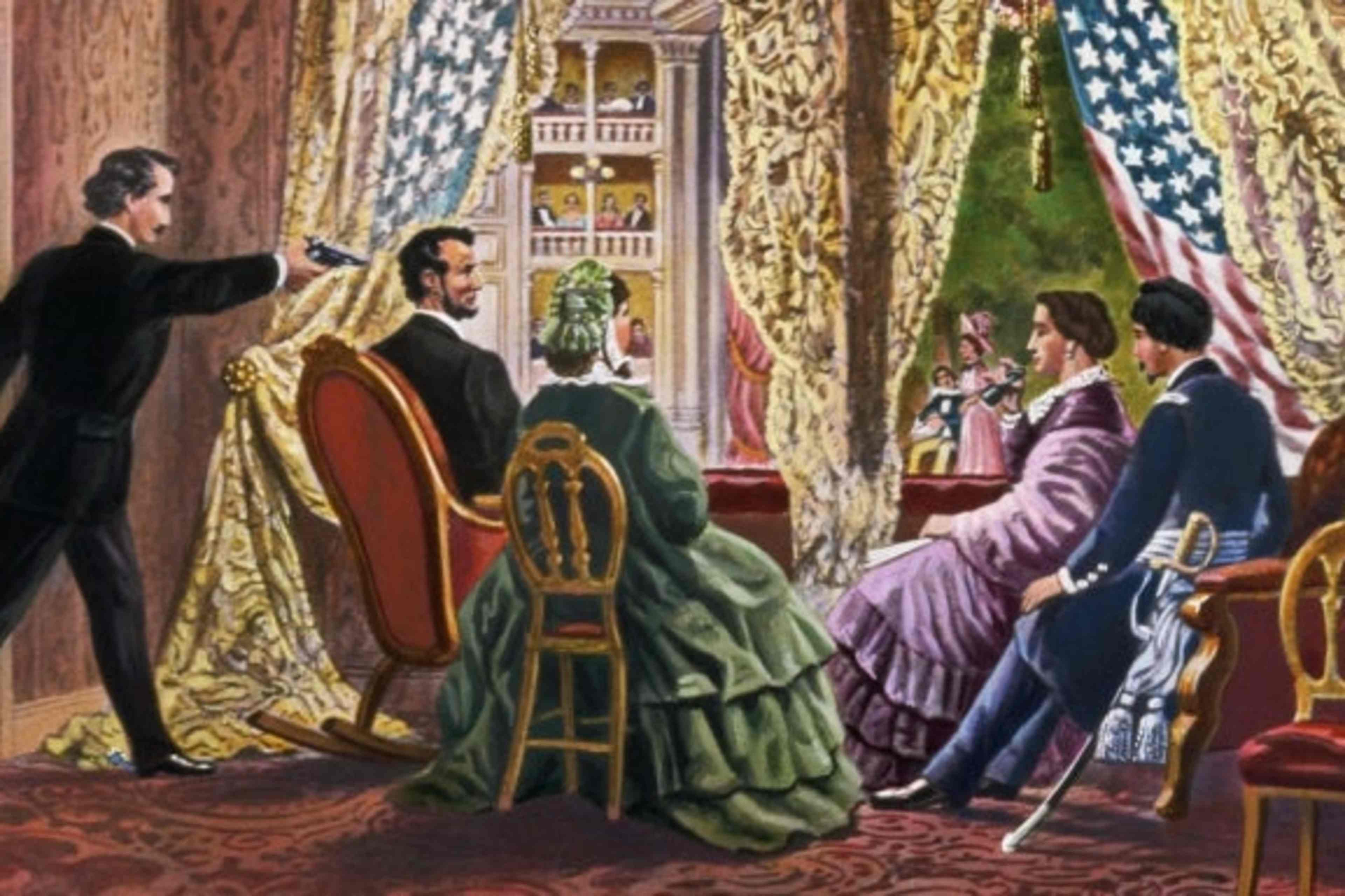 The assassination of President Abraham Lincoln at Ford's Theater in Washington, D.C, 1865. (Credit: Bettmann Archive/Getty Images)
