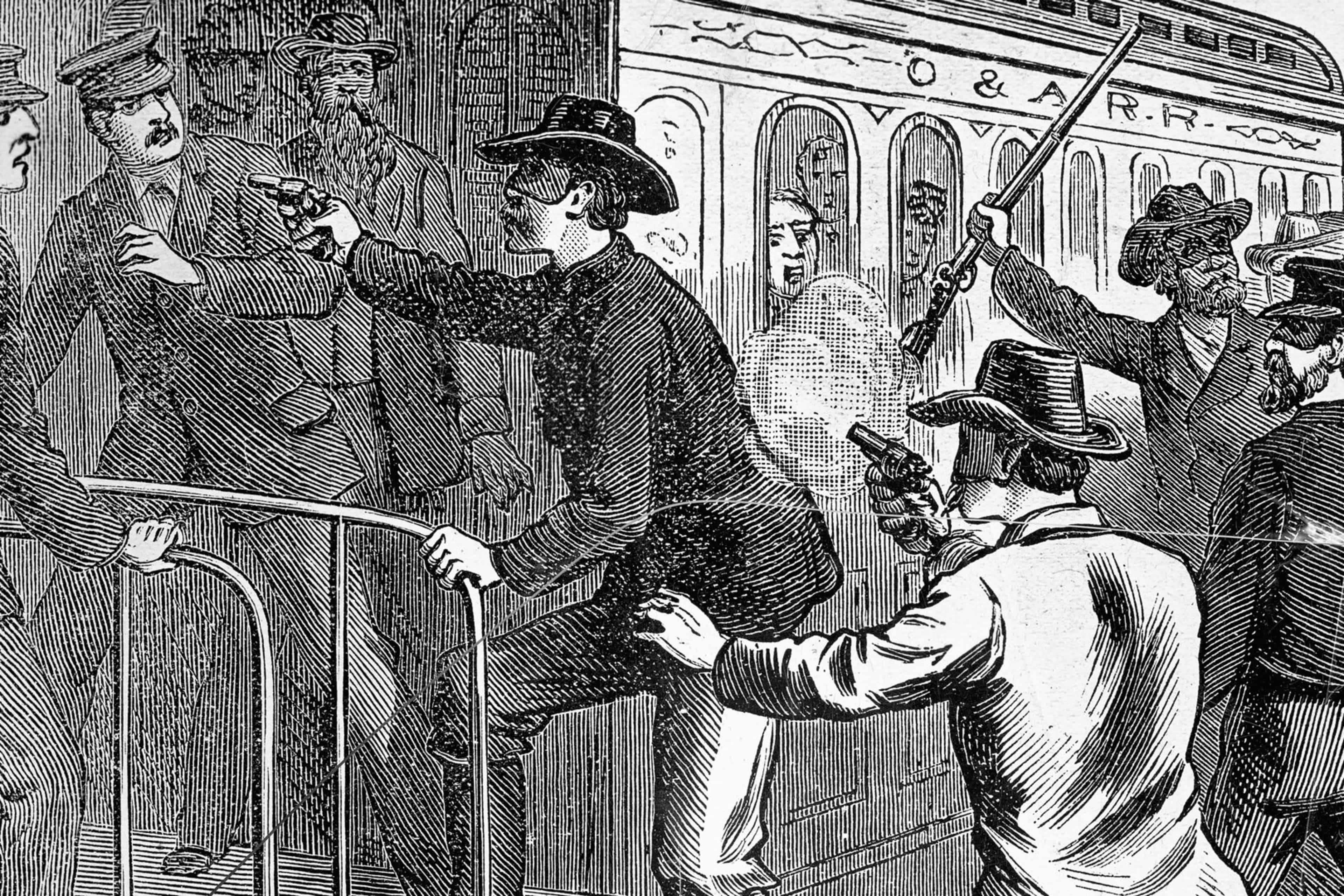 Train Robberies, Jesse James and his gang robbing a train