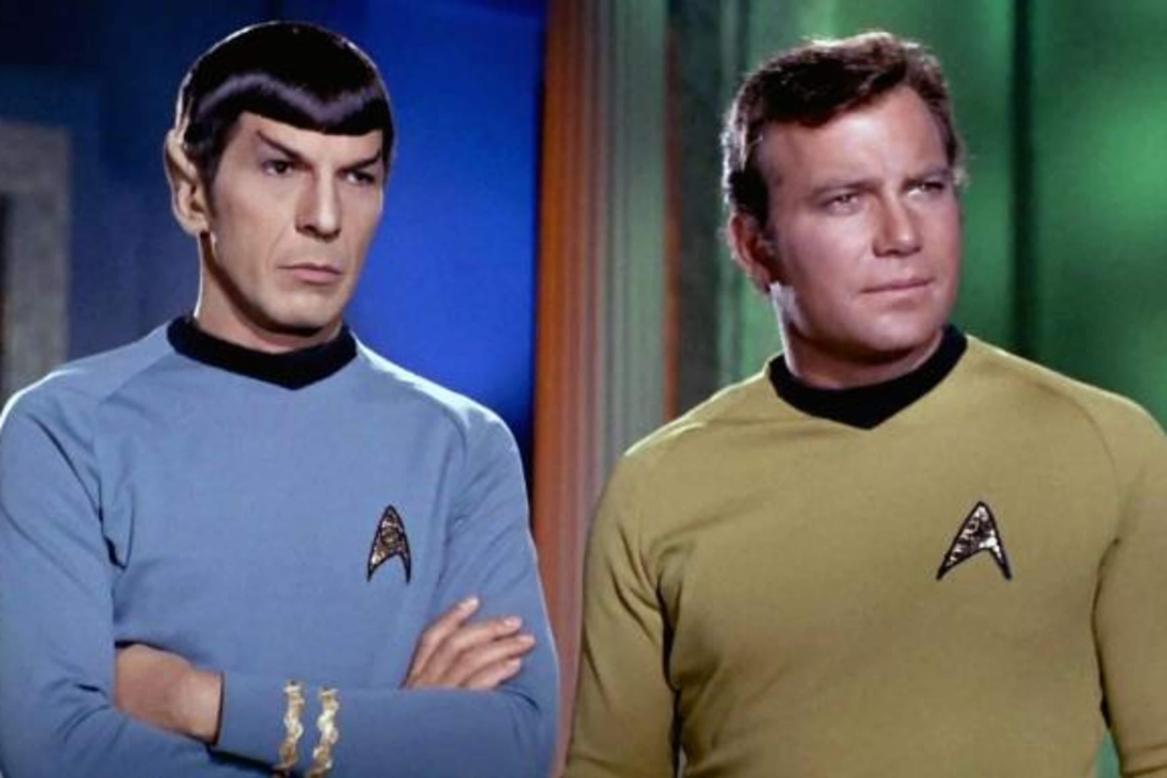 Leonard Nimoy as Mr. Spock and William Shatner as Captain James T. Kirk.