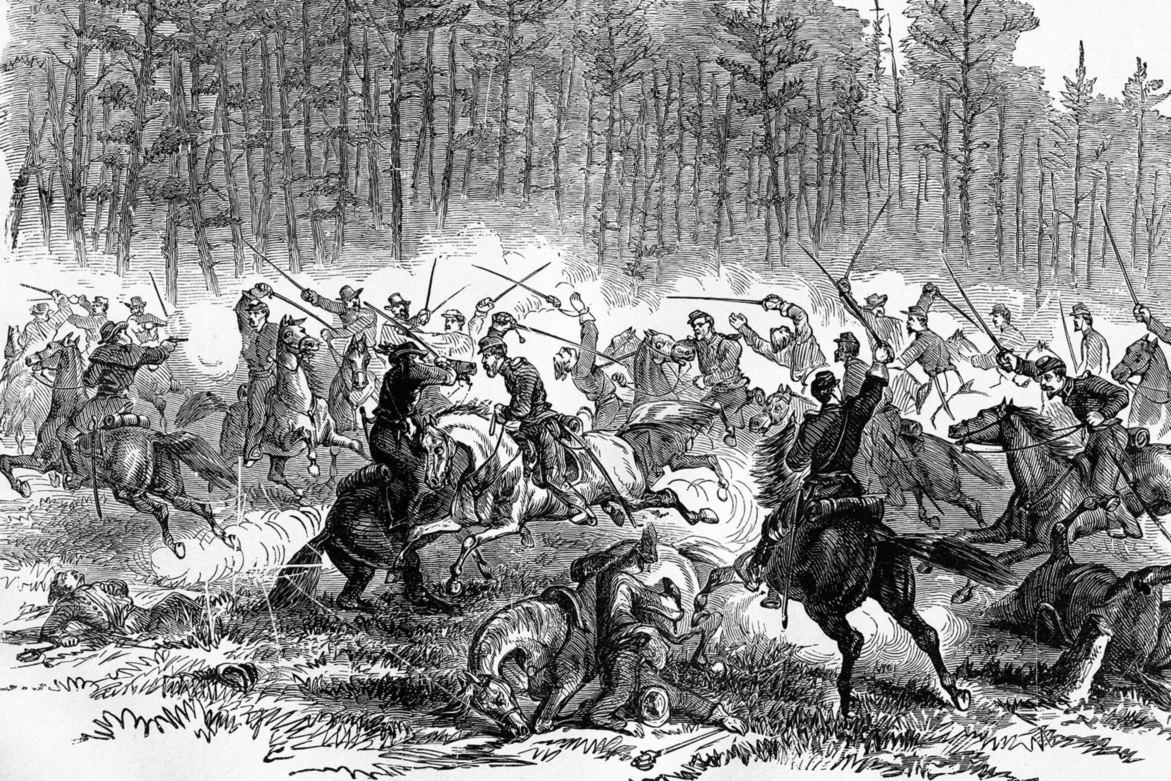 Members of the Sixth United States Cavalry charge Jeb Stuart's Confederate Cavalry during the Peninsula Campaign of the American Civil War, May 1862. Illustration dates from 1893.