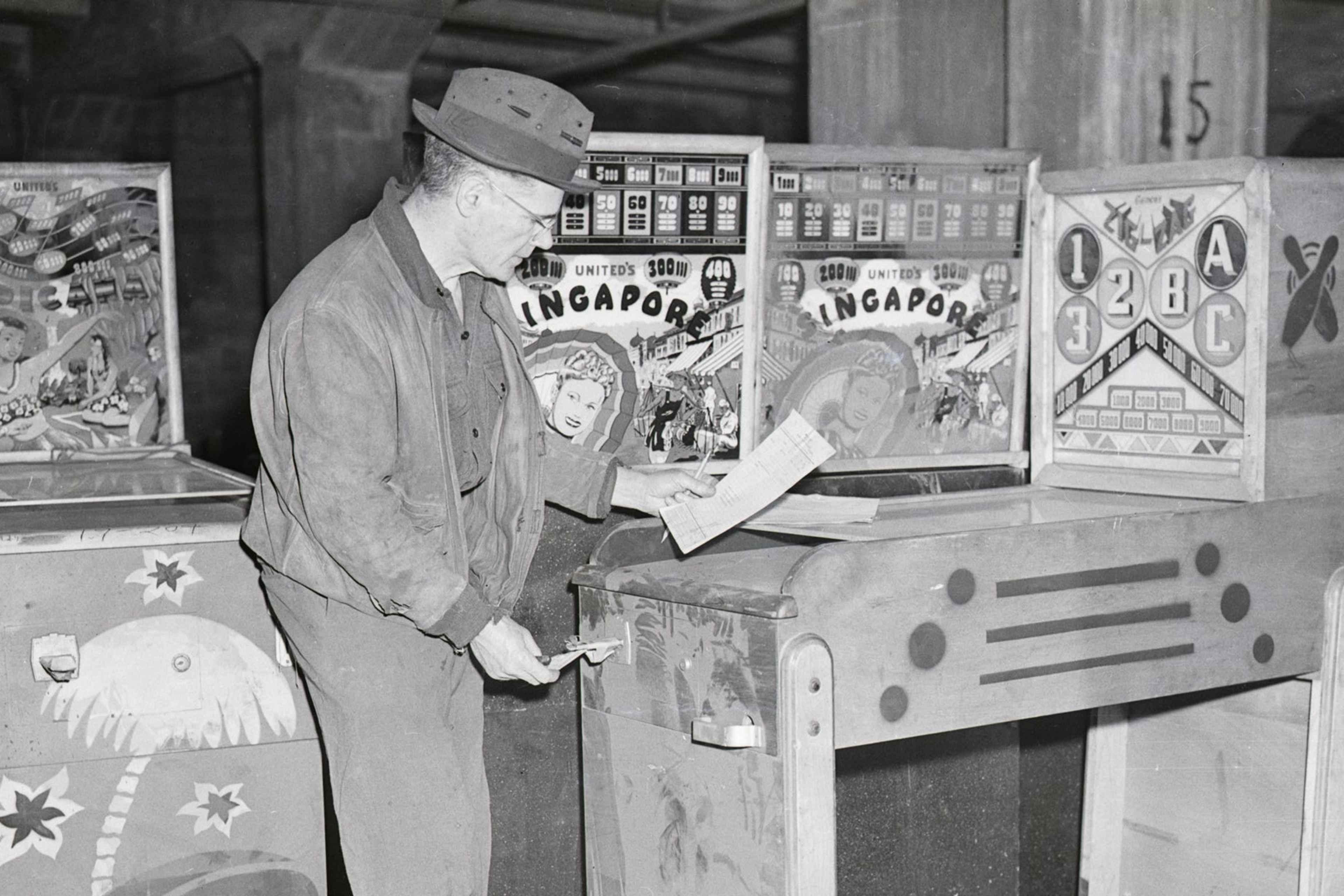 Pinball machines moved to police warehouse, Meeker Avenue in Greenpoint, Brooklyn.