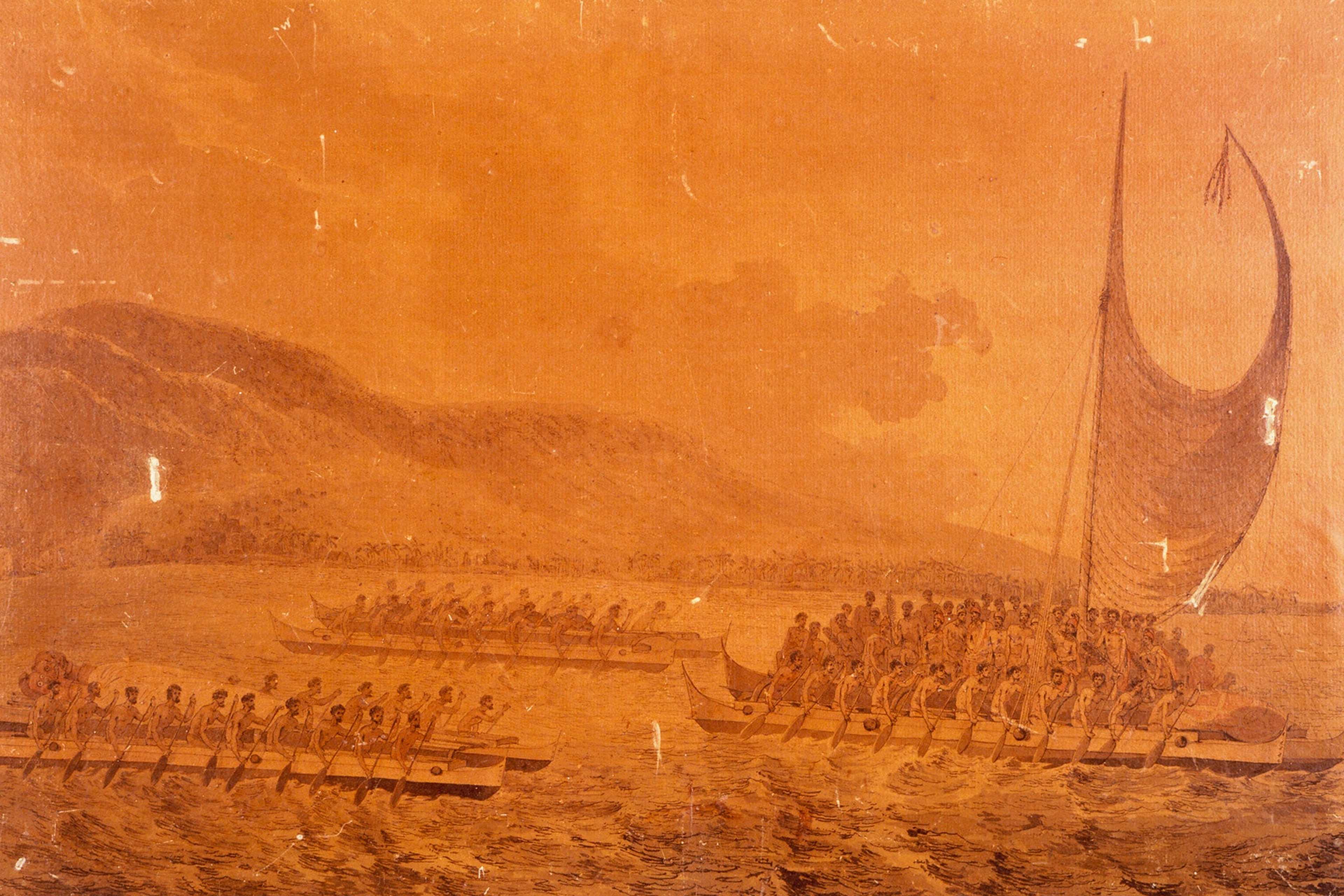 Polynesian canoes, circa 1768.