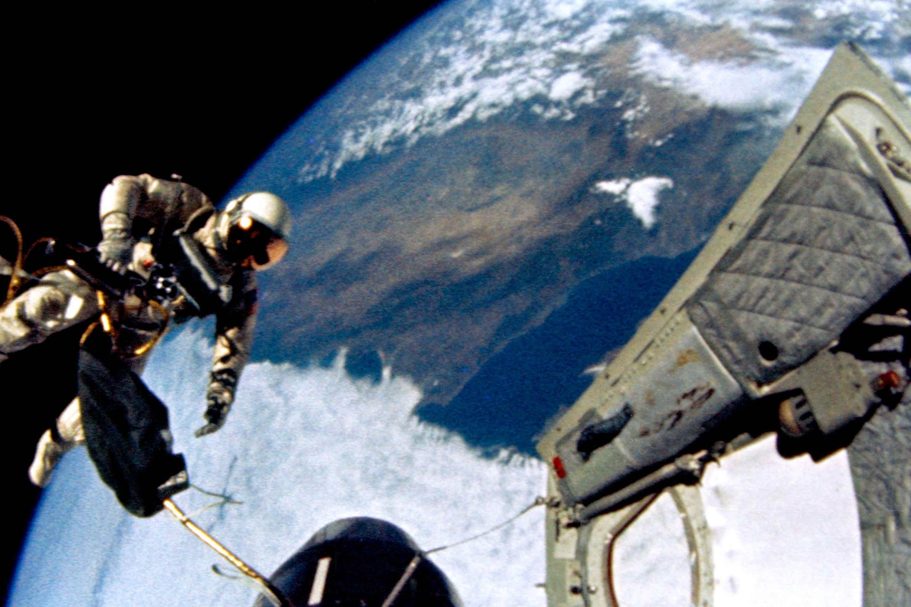 June 1965) Astronaut Edward H. White II, pilot for the Gemini-Titan 4 (GT-4) spaceflight, floats in the zero-gravity of space during the third revolution of the GT-4 spacecraft.June 1965) Astronaut Edward H. White II, pilot for the Gemini-Titan 4 (GT-4) spaceflight, floats in the zero-gravity of space during the third revolution of the GT-4 spacecraft. (Photo by: HUM Images/Universal Images Group via Getty Images)