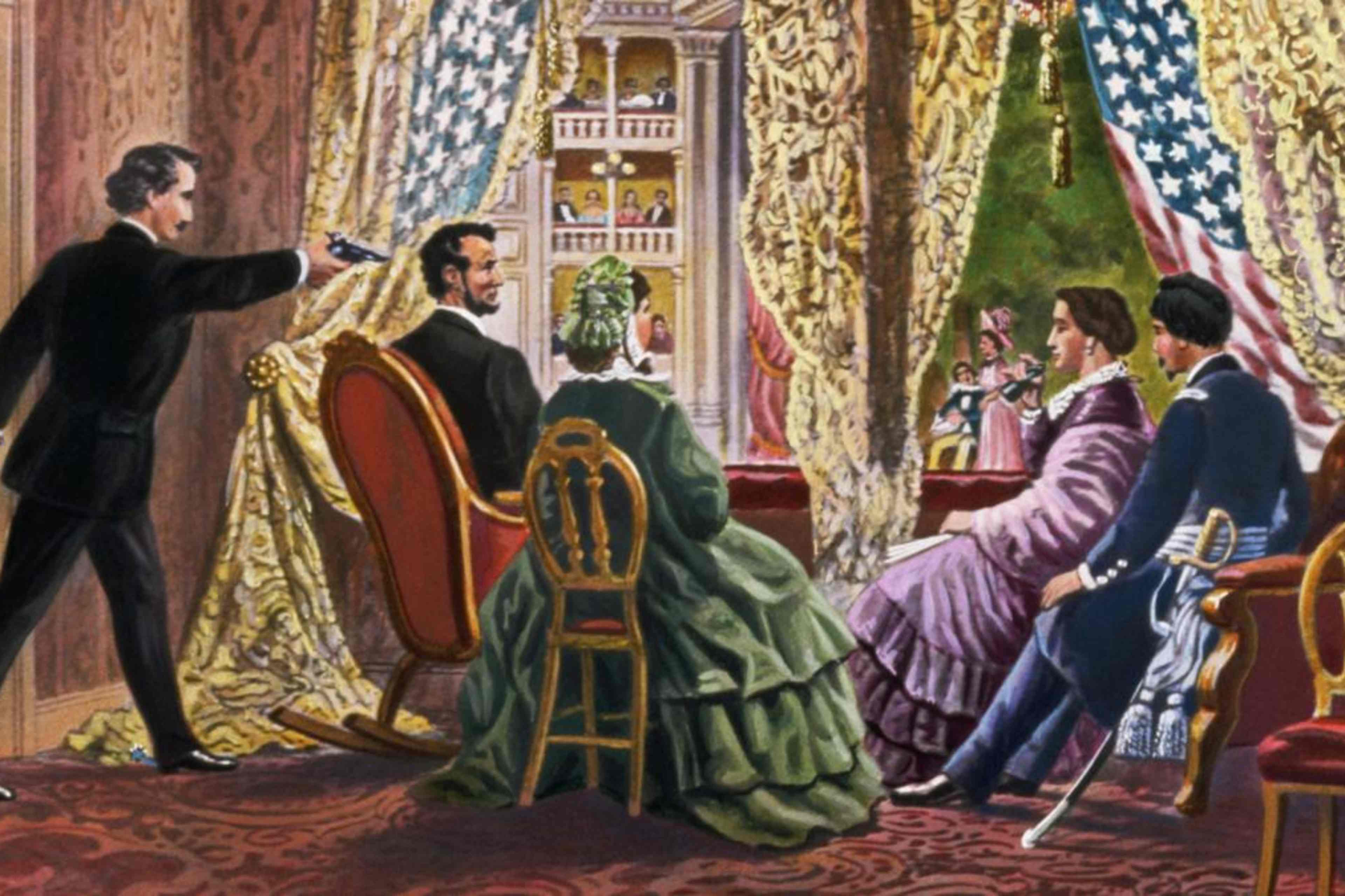 The assassination of President Abraham Lincoln at Ford's Theater in Washington, D.C, 1865.