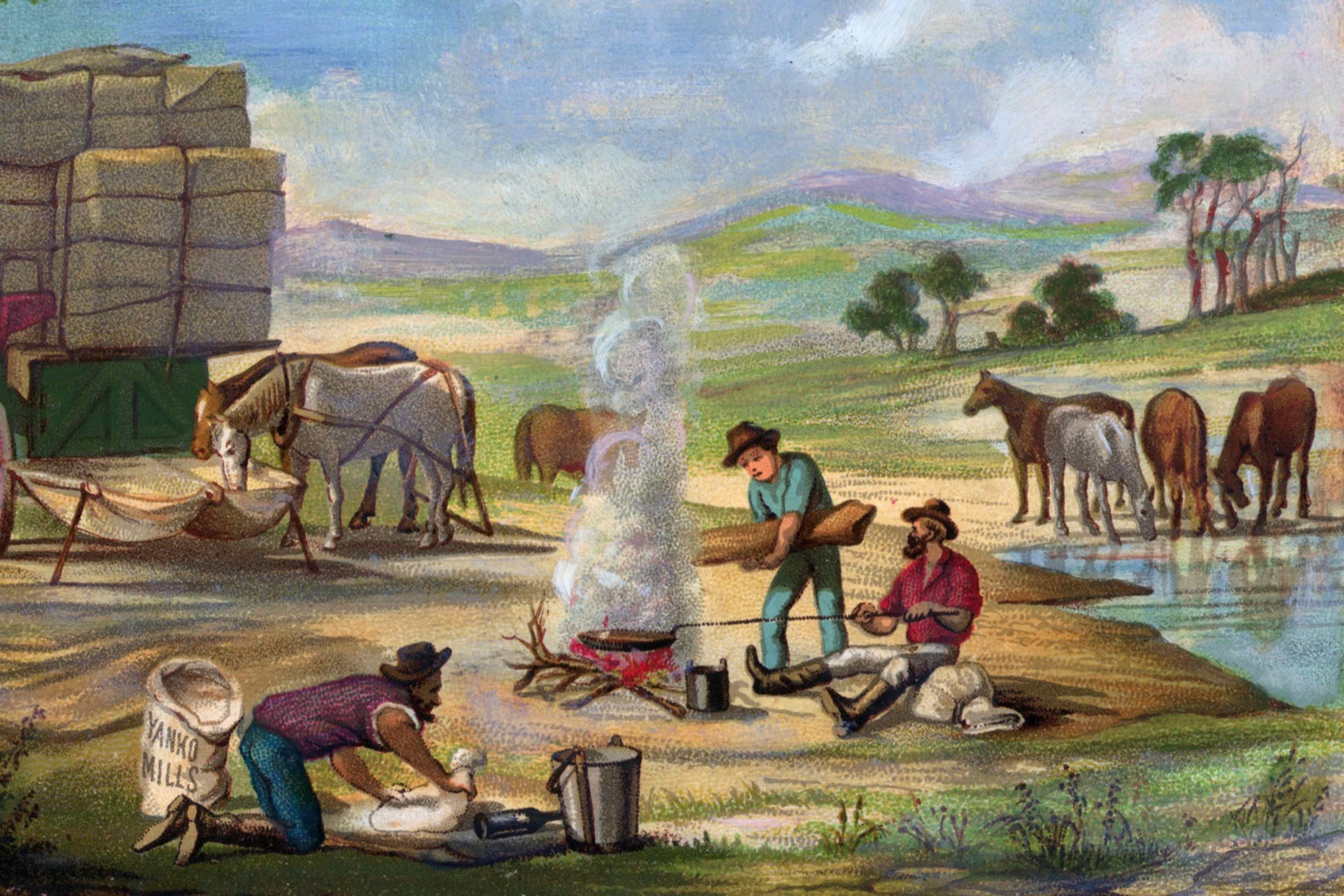 Teamsters Camping For The Night(Original Caption) Westward Movement. Teamsters establishing camp for night. Mid 19th Century wash drawing.