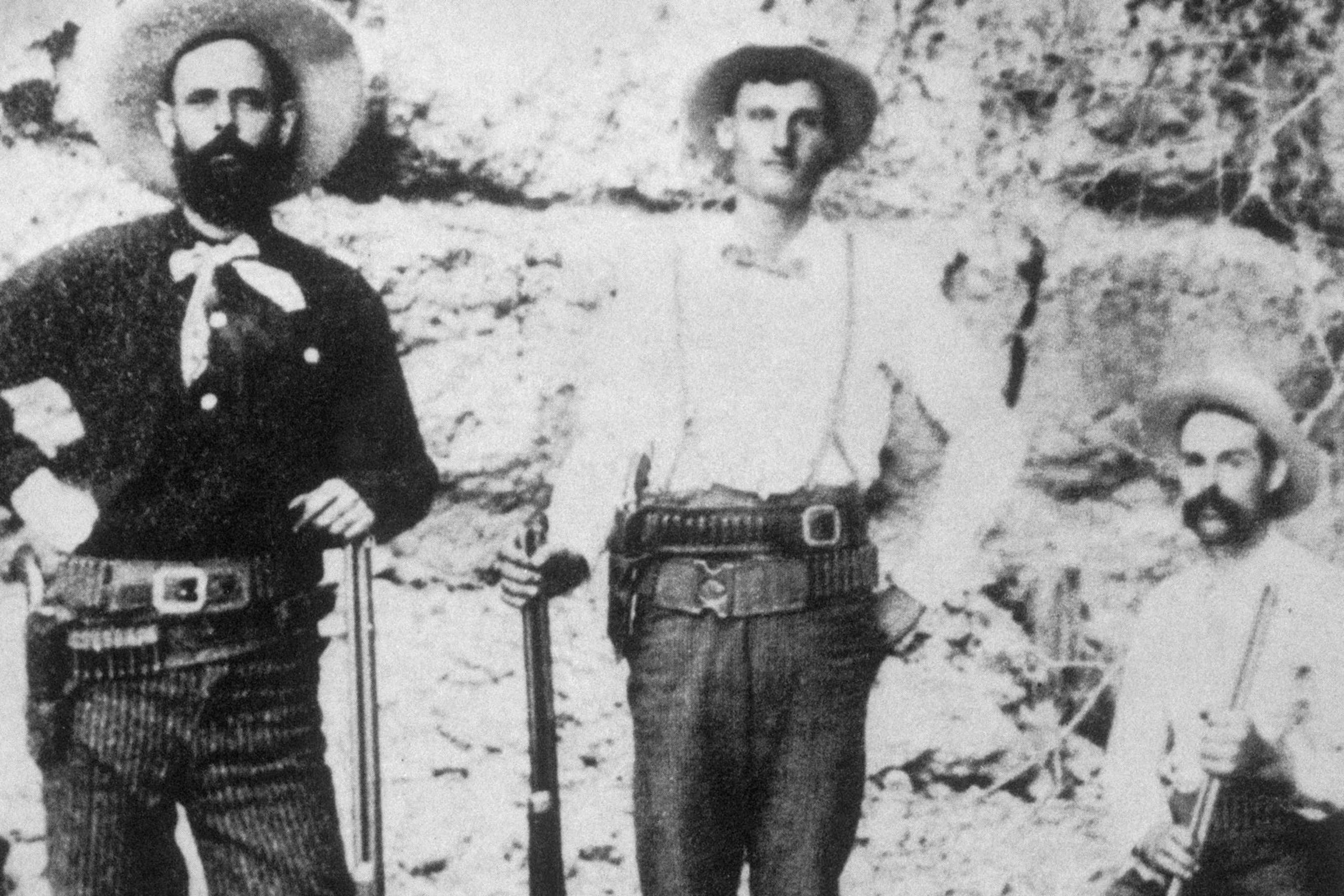 Wild West Outlaw Jesse James with members of his gang, probably two of the Younger brothers.