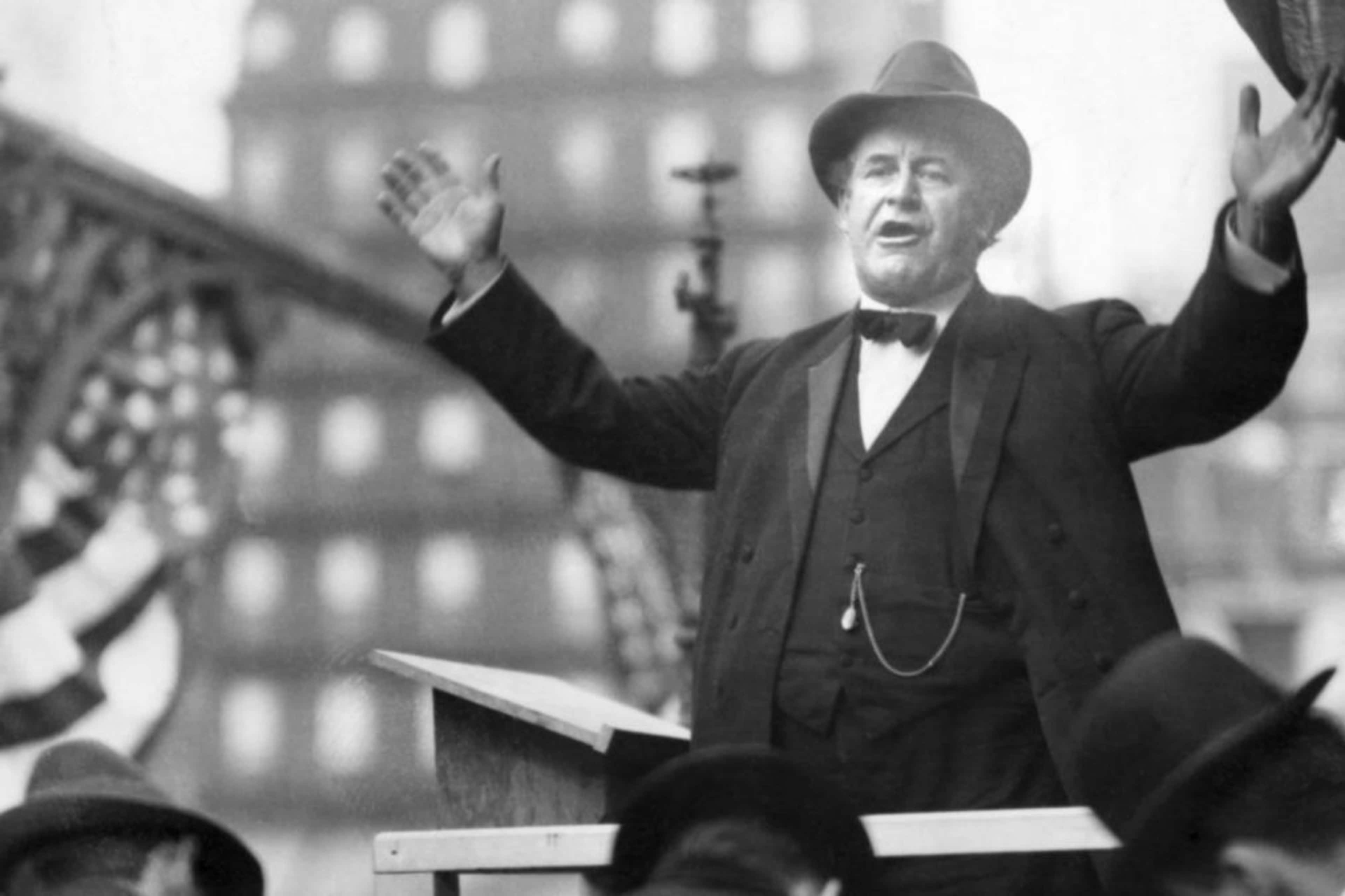 William Jennings Bryan, Democratic Presidential nominee, delivering a campaign speech in 1910. (Credit: Bettmann Archive/Getty Images)