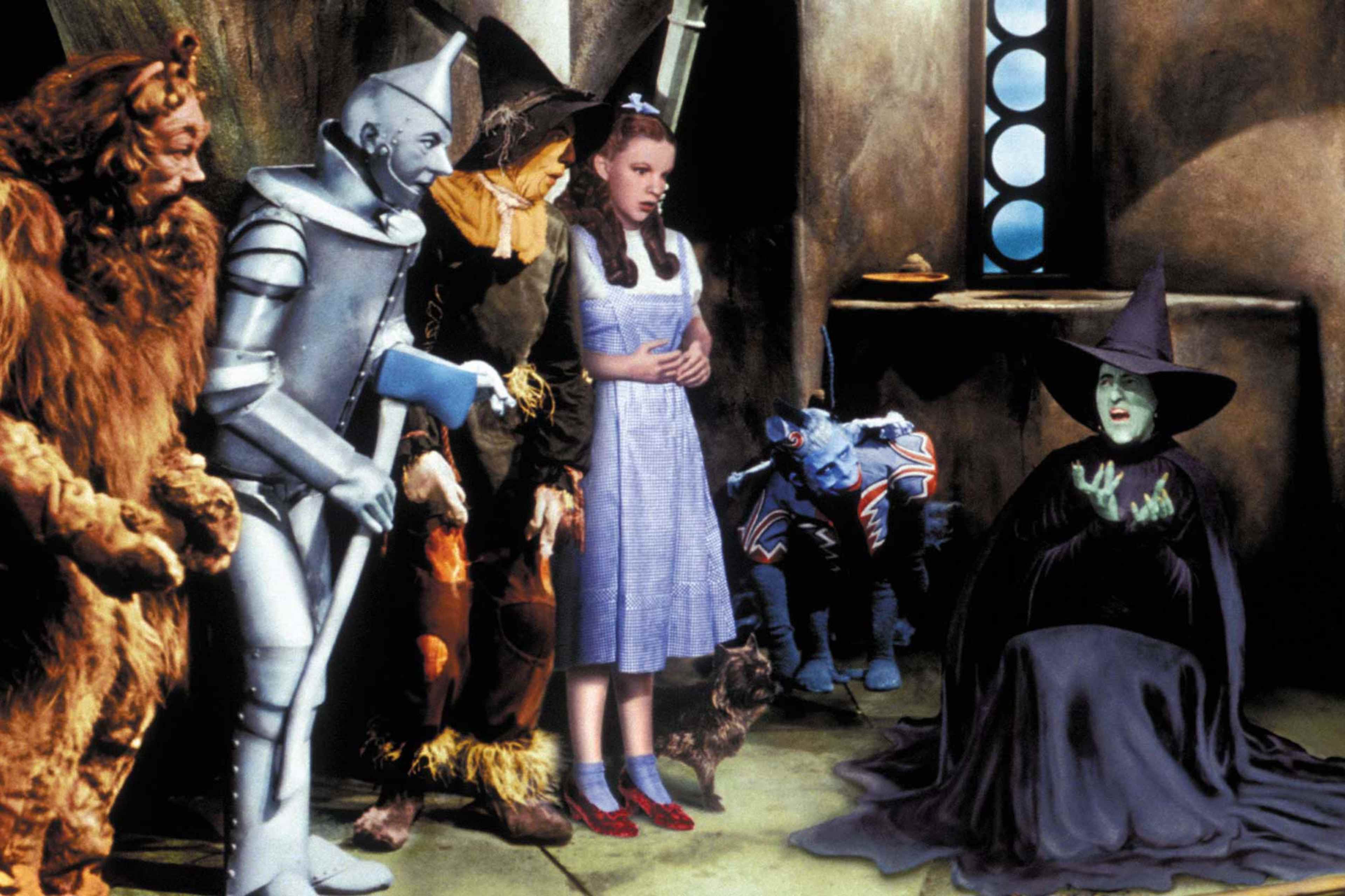 Actors Bert Lahr, Jack Haley, Ray Bolge, Judy Garland and Margaret Hamilton in a scene from the film 'The Wizard of Oz', 1939. Hamilton suffered severe burns during filming.