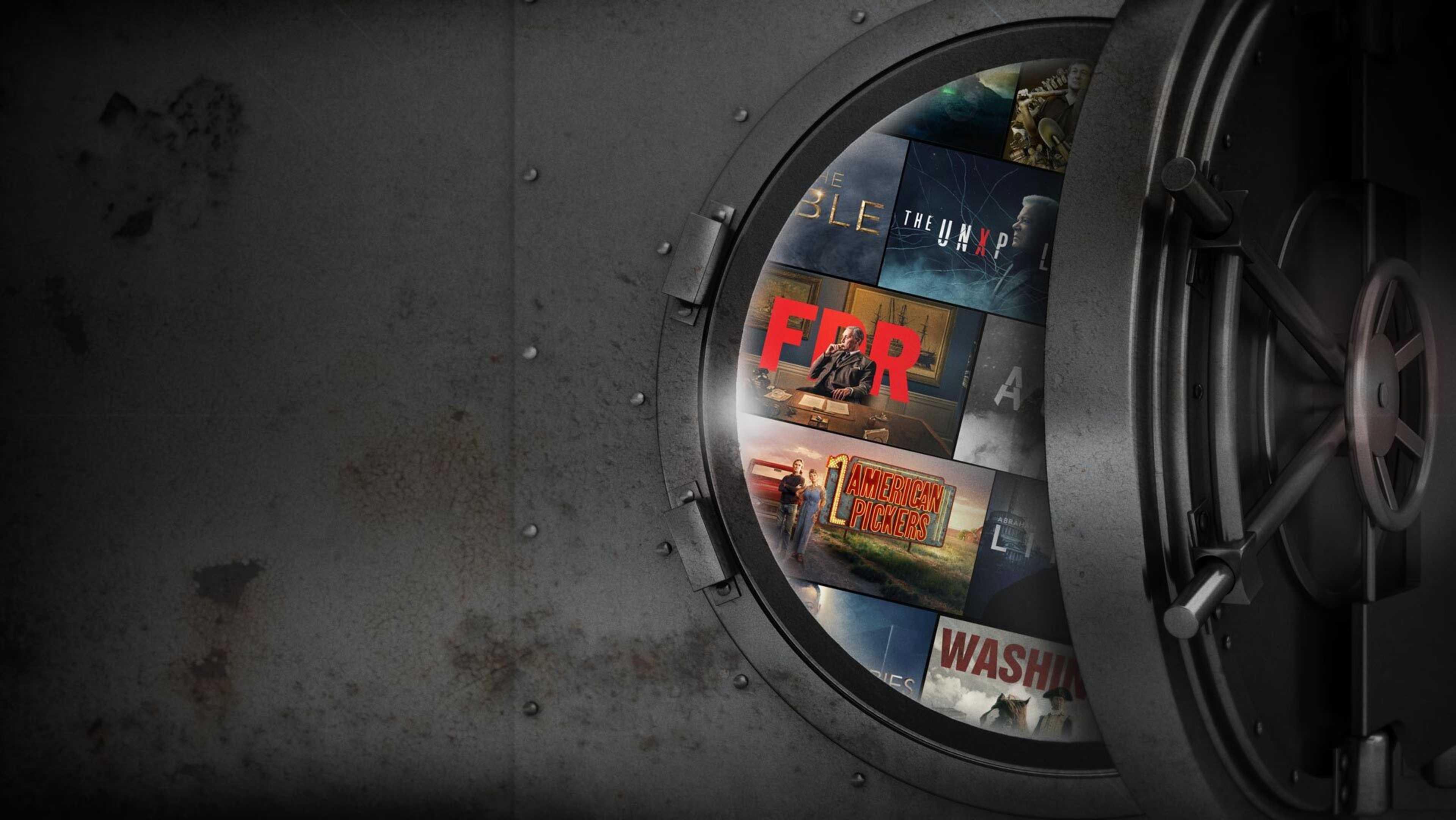A dark, circular window frame reveals a collage of various images and text, including a red star and the word "WASH", creating a visually intriguing and layered composition.