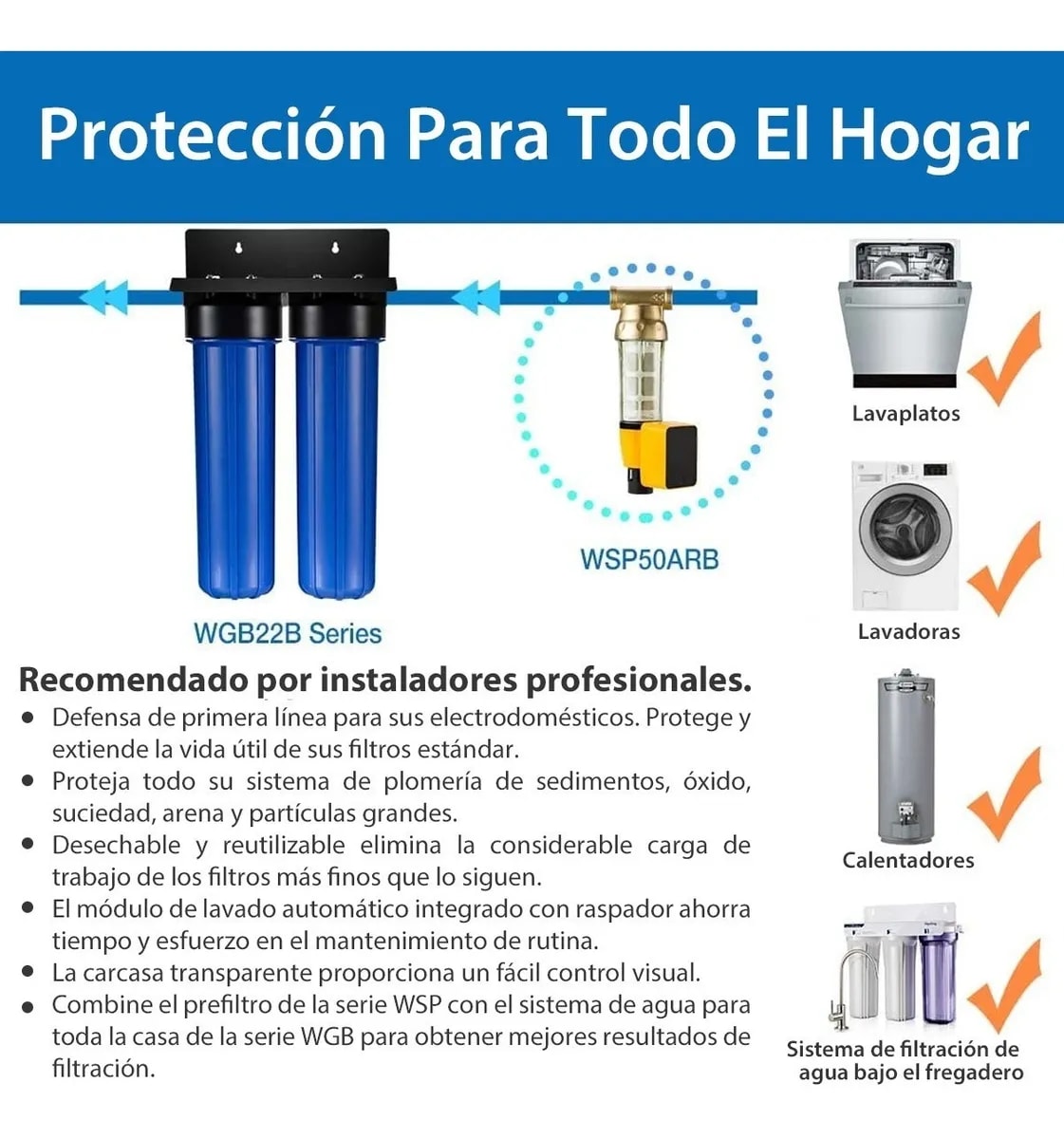  iSpring Sistema de filtro de agua para toda la casa con filtros  de agua de sedimentos y carbono de 20 x 2.5, sistema de filtración de agua  para toda la casa