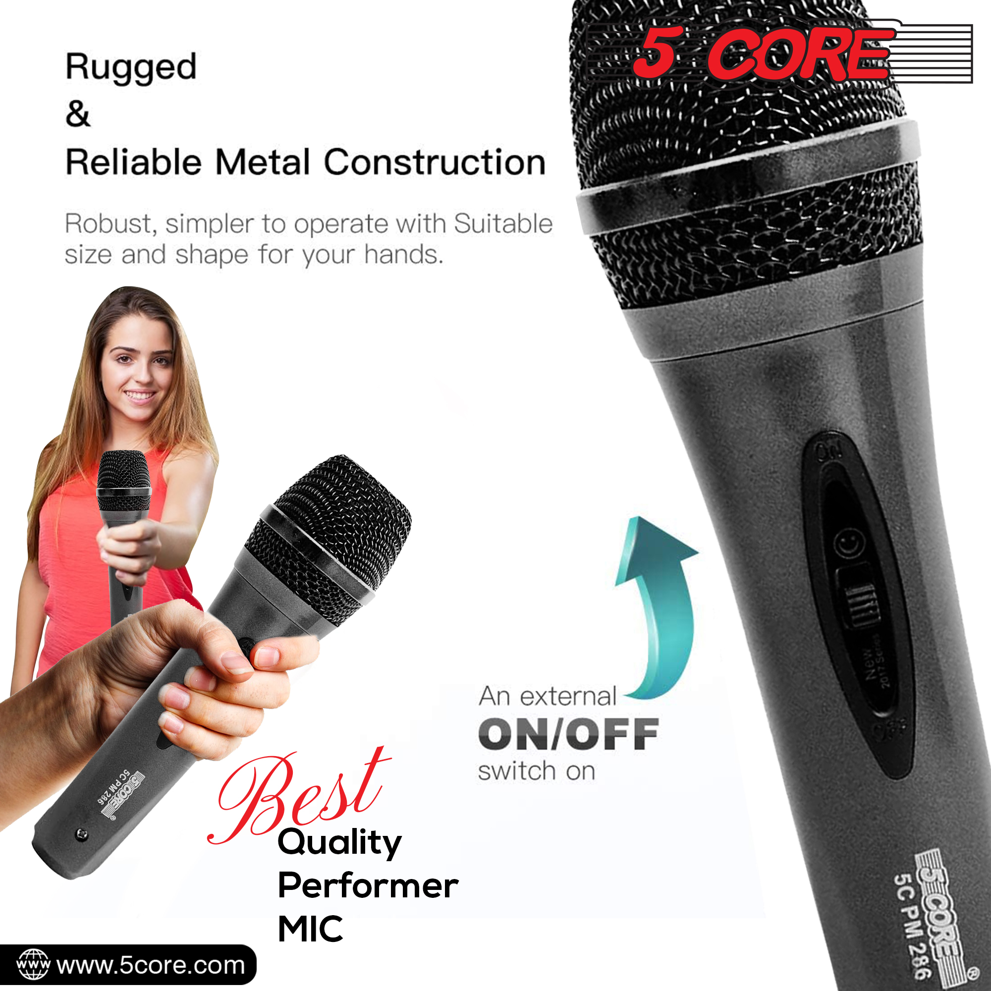 5 Core Karaoke Microphone Dynamic Vocal Cardioid Unidirectional Mic w ON/  OFF Switch XLR Cord PM 286 WH 