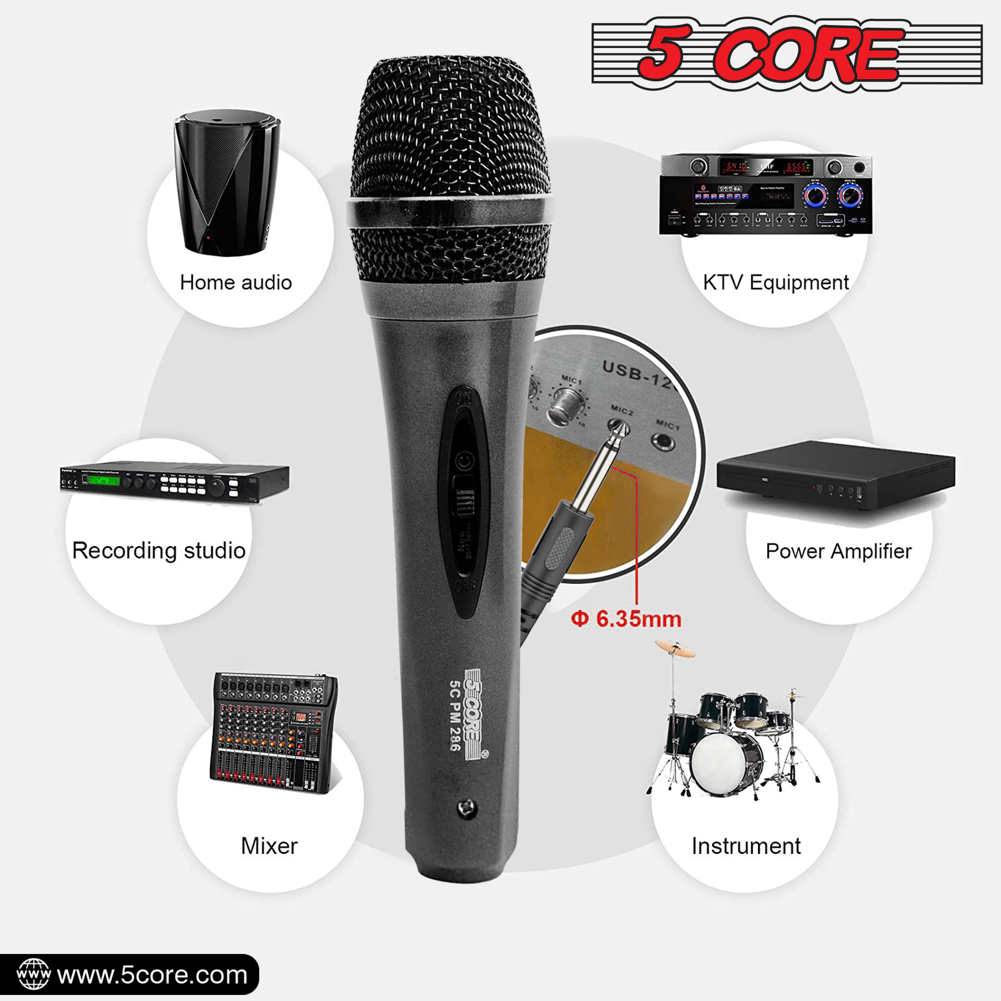 5 Core Karaoke Microphone Dynamic Vocal Cardioid Unidirectional Mic w ON/  OFF Switch XLR Cord PM 286 WH 