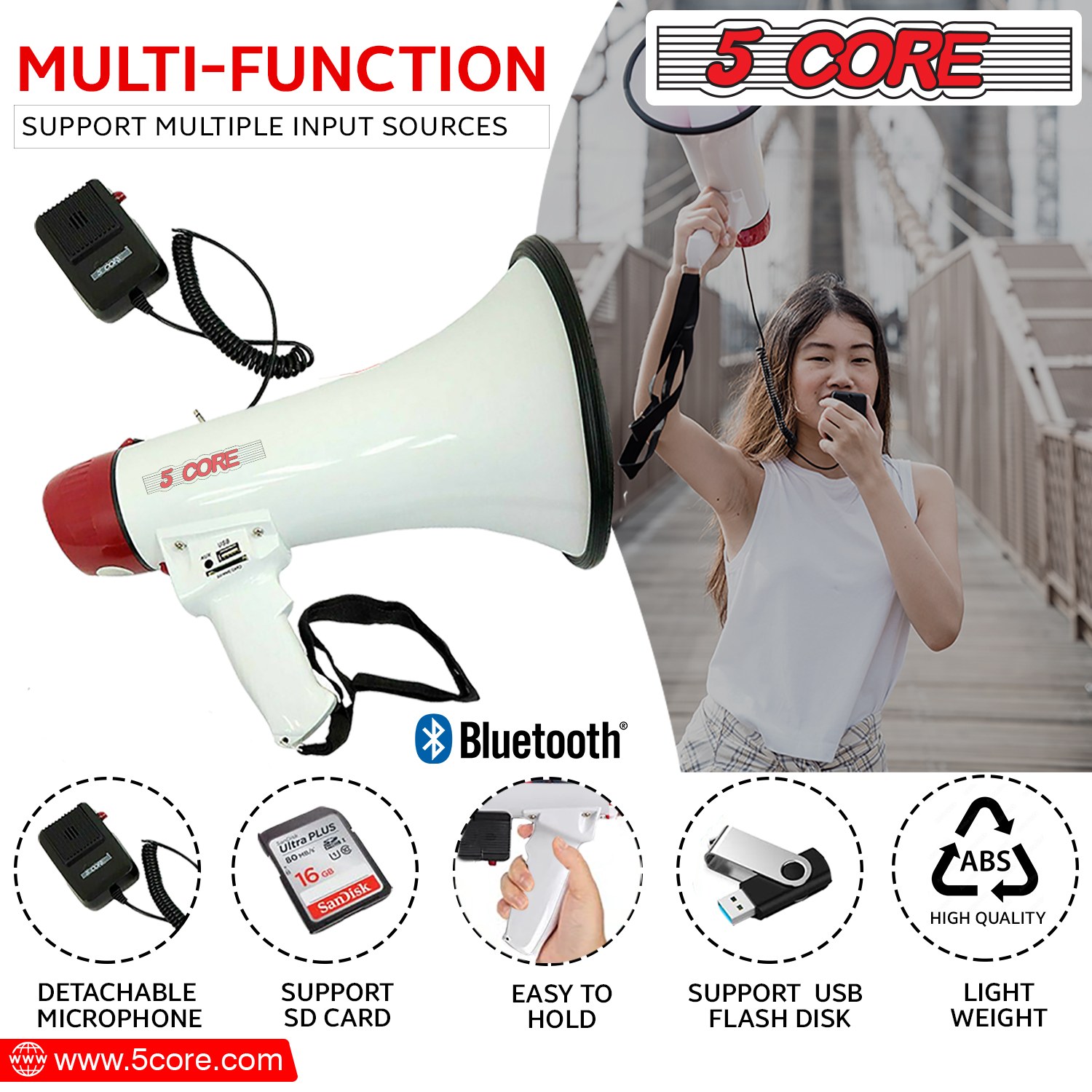 5 CORE Megaphone Bull Horn 40W Peak Loud Siren Noise Maker Rechargeable  Professional Bullhorn PA Speaker System w Recording USB SD Card Adjustable