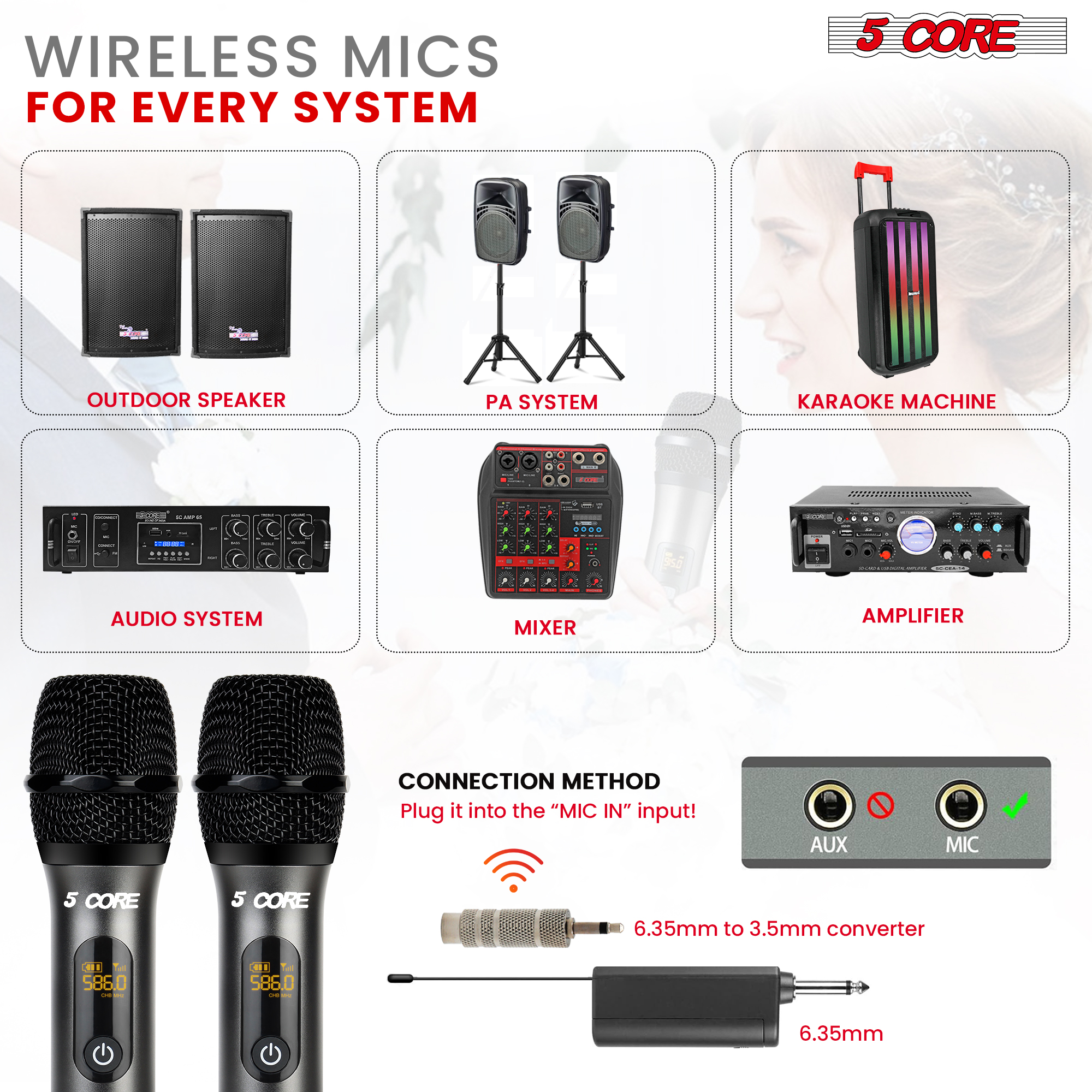 5 Core Wireless Microphones 210ft Range UHF Dual Karaoke Mic Cardioid  Pickup Rechargeable Receiver Cordless Microfono Inalambrico Gray - WM UHF  02-GRAY