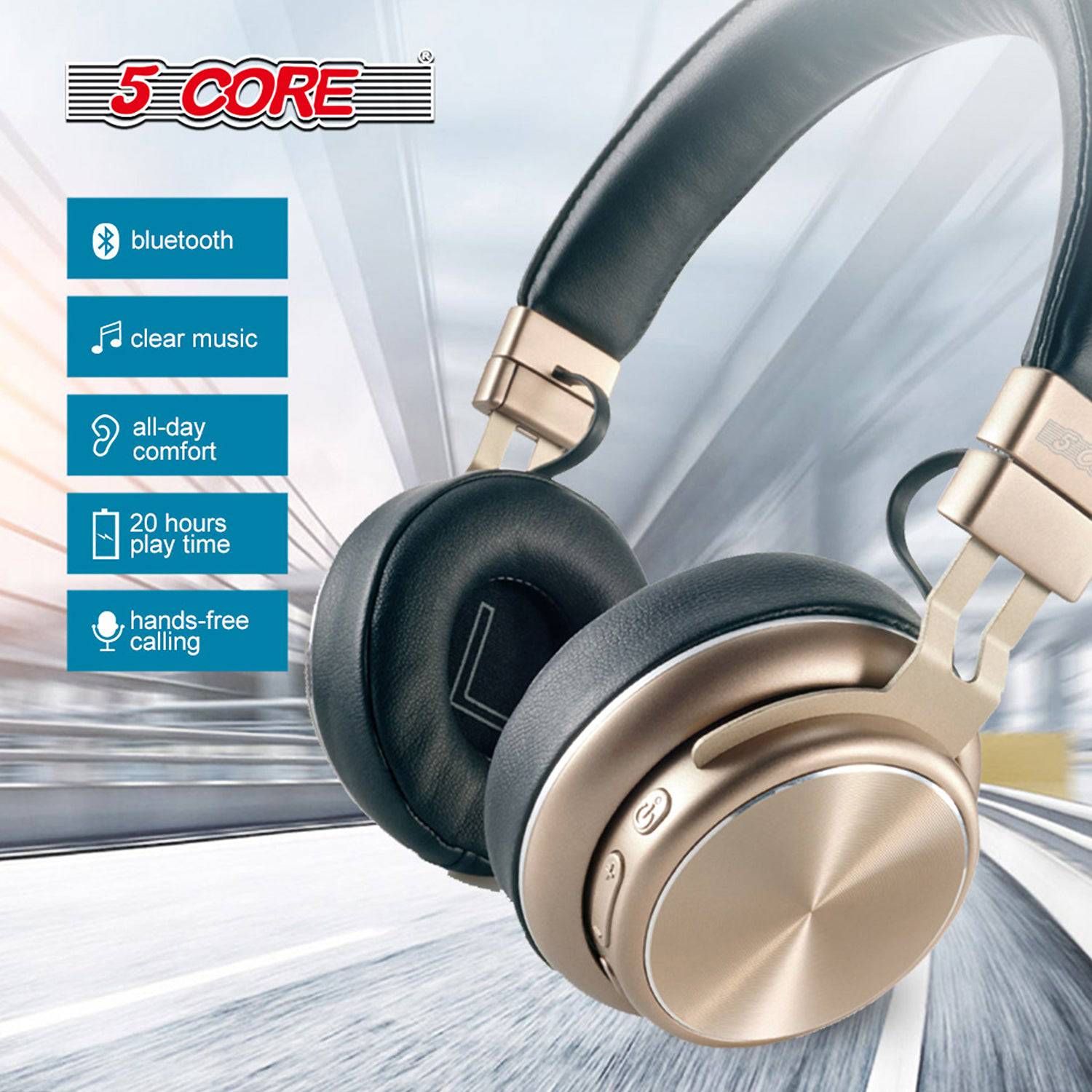 13 Over Headphone 5.0 Wireless HEADPHONE 5Core Headset inbuilt Premium Bluetooth Ear Mic G Gold 5Core