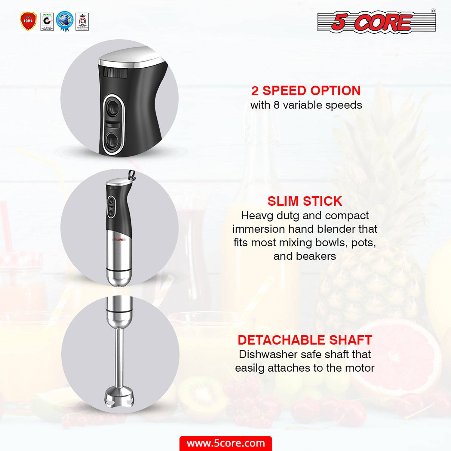 5Core 500W Immersion Blender Handheld 2 Speed Stainless Steel