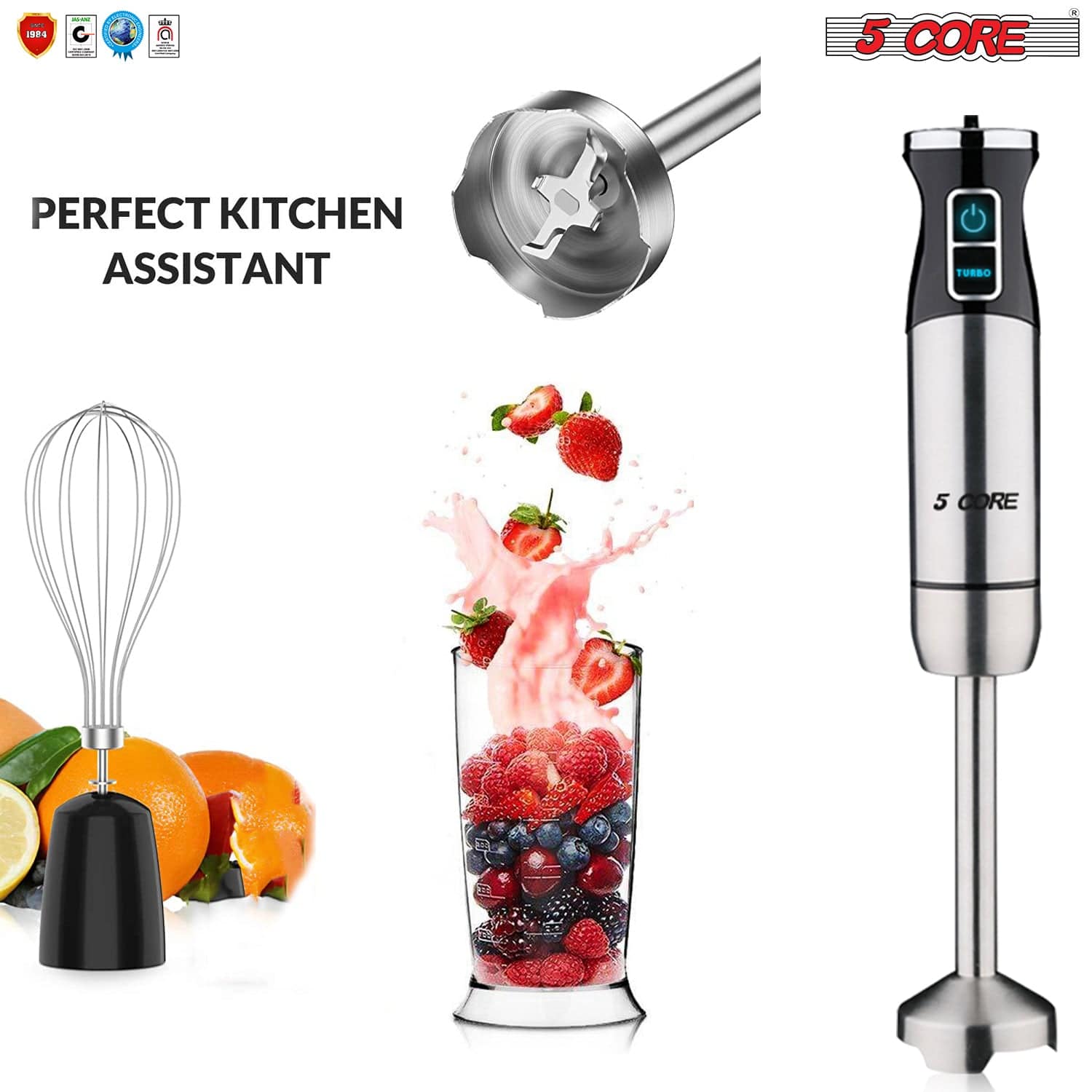 Immersion Blender Handheld, 500W 4 in 1 Hand Mixer Stick Blender with 304  Stainless Steel Blade, Food Processor, Beaker and Egg Whisk,BPA-Free, for