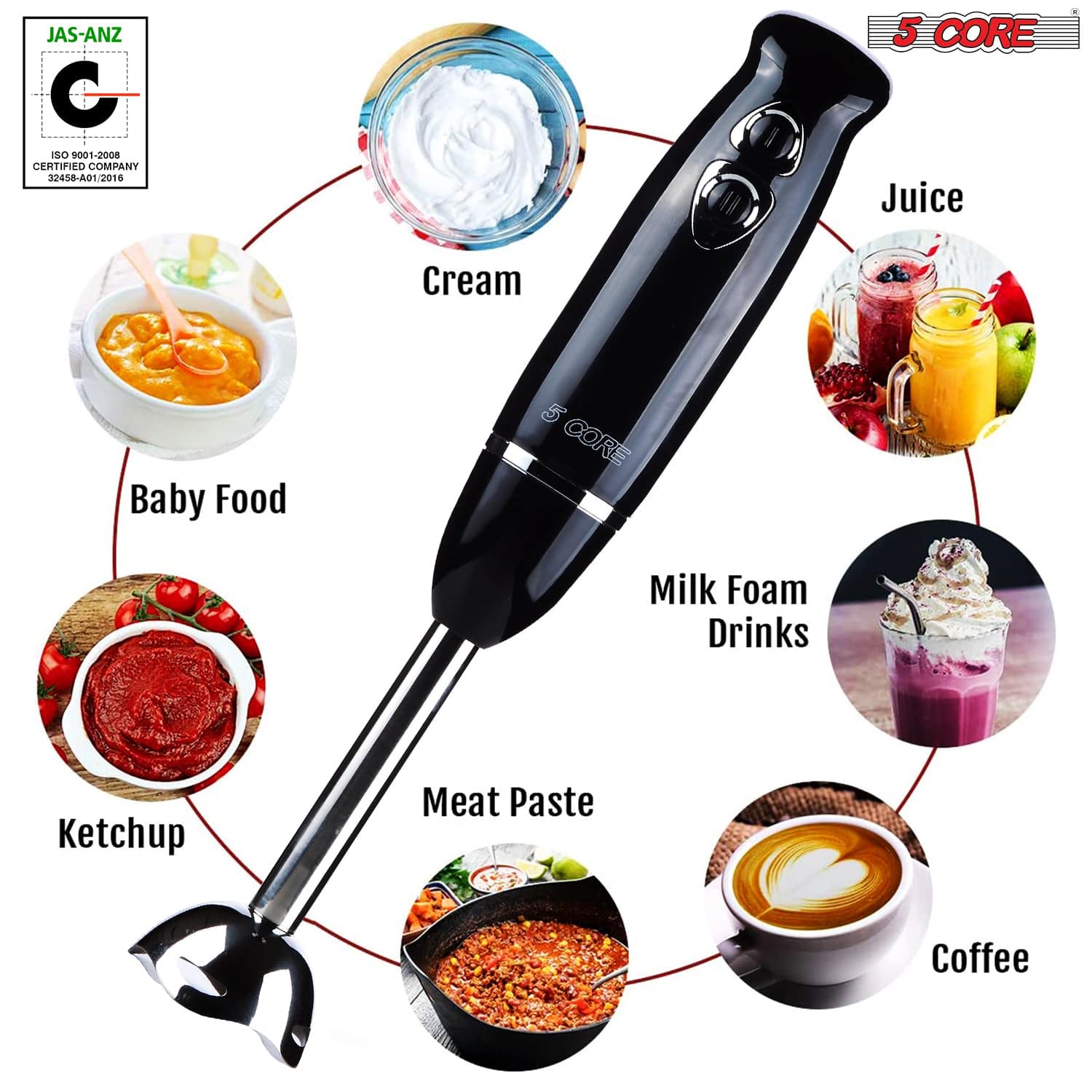 Powerful Immersion Blender, Electric Hand Blender 500 Watt with Turbo Mode, Detachable Base. Handheld Kitchen Blender Stick for Soup, Smoothie