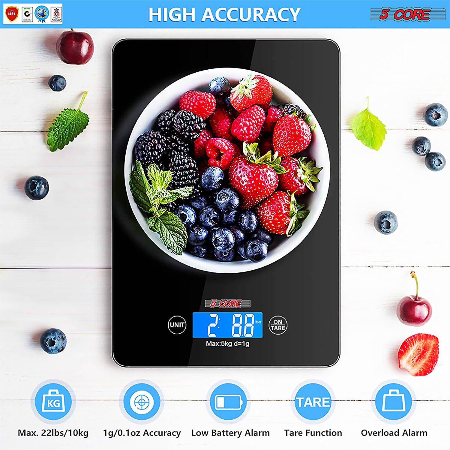  KAZETEC Digital Kitchen Scale,Multifunction Food Scale Measure  Weight(MAX:11LB/5KG/176OZ)Accurately,Stainless Steel Scale Digital  Weight,Large LCD Display,Waterproof,4 unit(G/ML/OZ/LB.OZ): Home & Kitchen