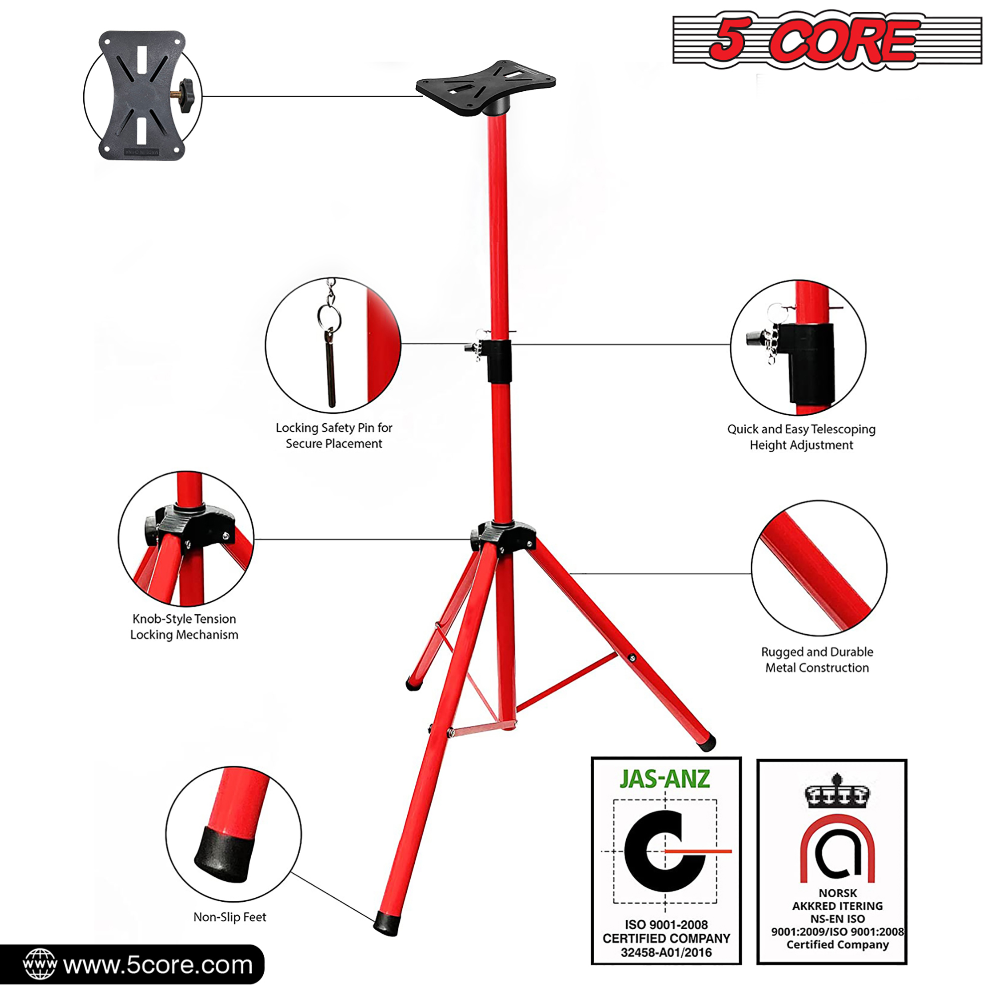 5 Core Speaker Stands Black Heavy Duty Height Adjustable 35 to 70 inches  Tripod PA Monitor Holder for Large Speakers DJ Stand para Bocinas Supports