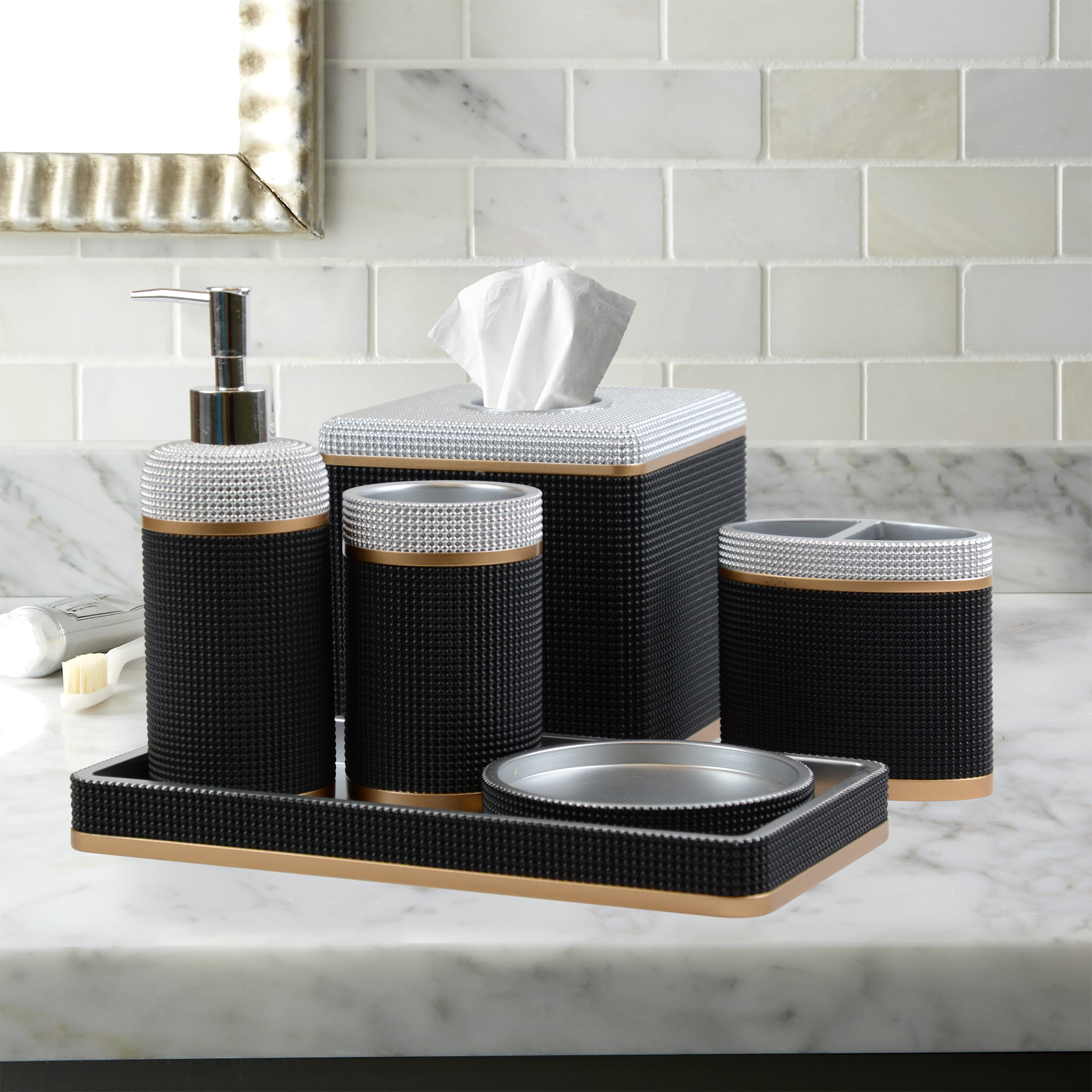 Decozen Bathroom Accessories Set of 6 Includes Soap Lotion Dispenser, Tooth  Brush Holder, Soap Dish, Tumbler, Vanity Tray, and Tissue Box - Black Silver  Gold 