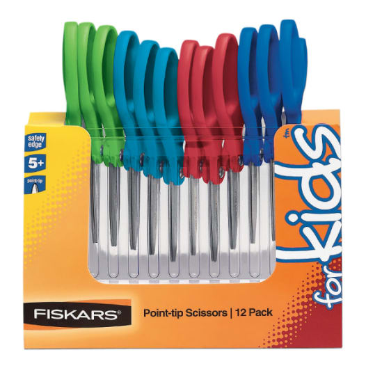 Fiskars Pointed Tip Kids Scissors, 5 Inches, Assorted Colors, Pack of 12