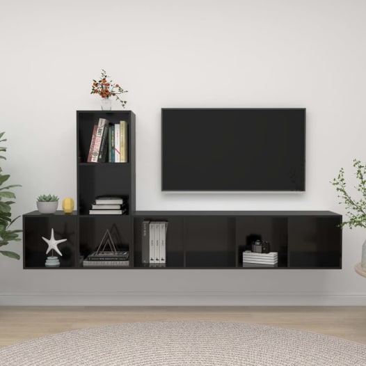 Mueble TV 3 Piezas Aglomerado Negro Alto Brillo