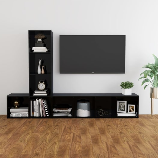 Mueble TV 3 Piezas Aglomerado Negro Alto Brillo