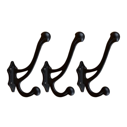 Renovators Supply Manufacturing Heavy Duty Coat Hooks Double Hook Coat  Hanger 3.8 x 1.5 x 5.78 Inches Multiuse Hook Wrought Iron Black Robe Hanger  Rust Resistant Home Storage Hooks Pack of 3
