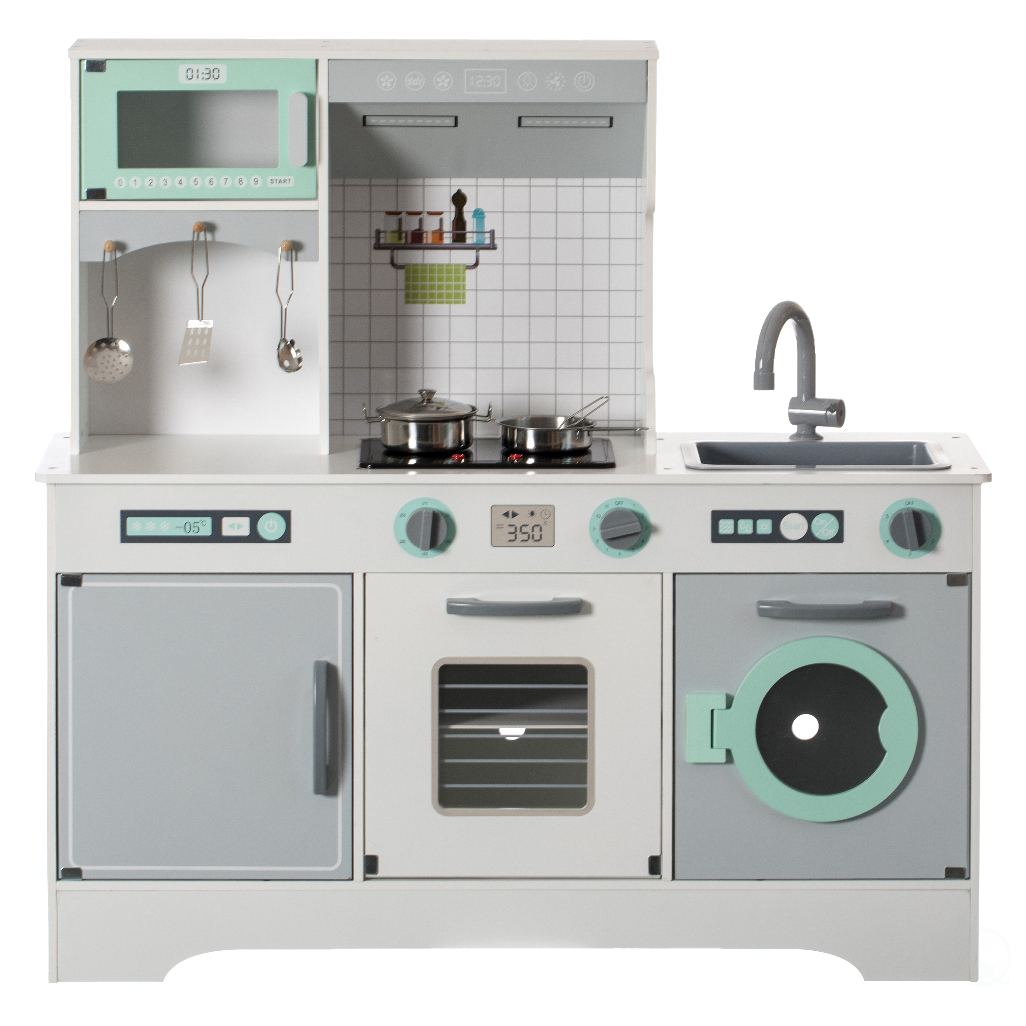 Wooden Play Kitchen Toy Light on Microwave Cabinet Washer
