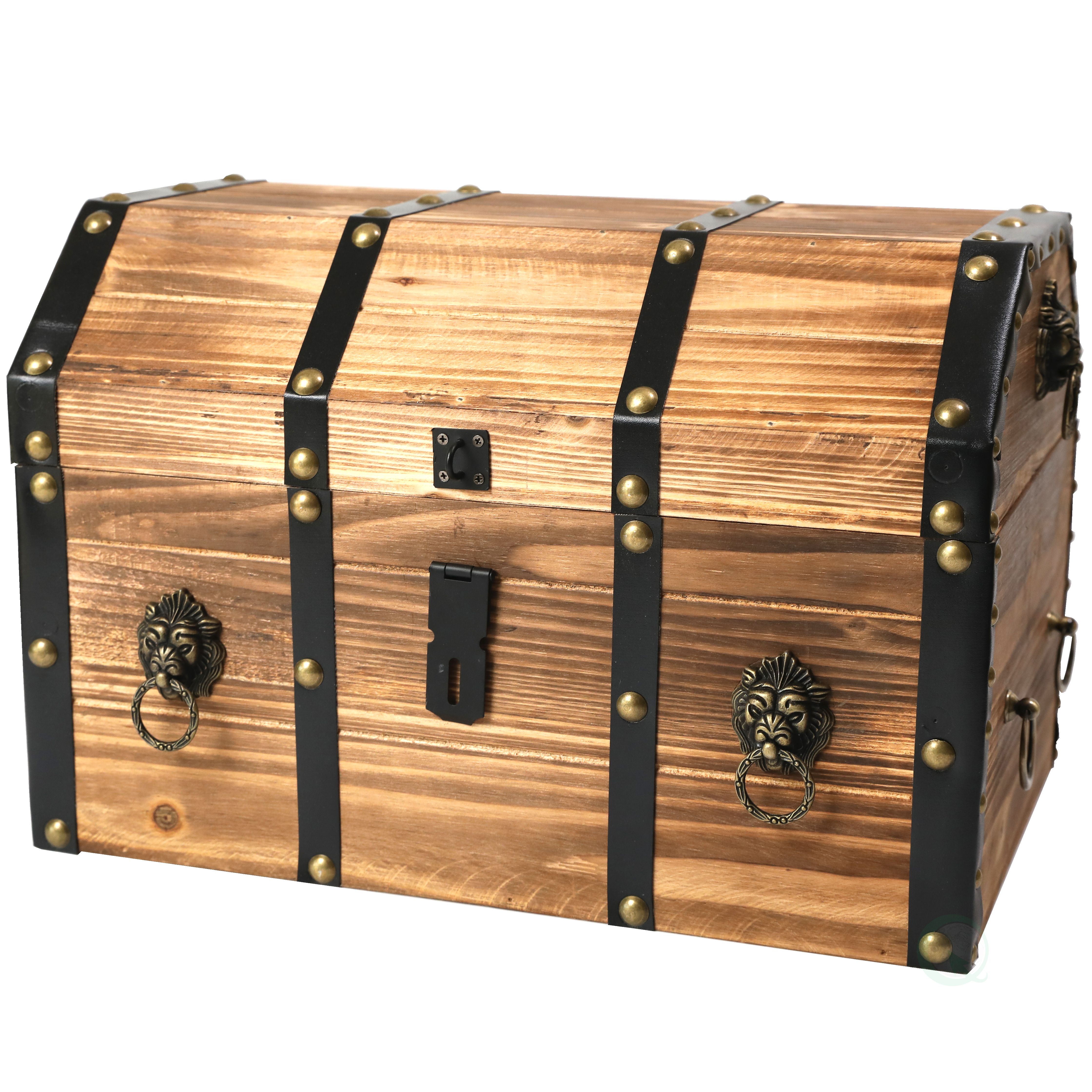 Wooden Leather Round Top Treasure Chest, Decorative storage Trunk with  Lockable Latch 