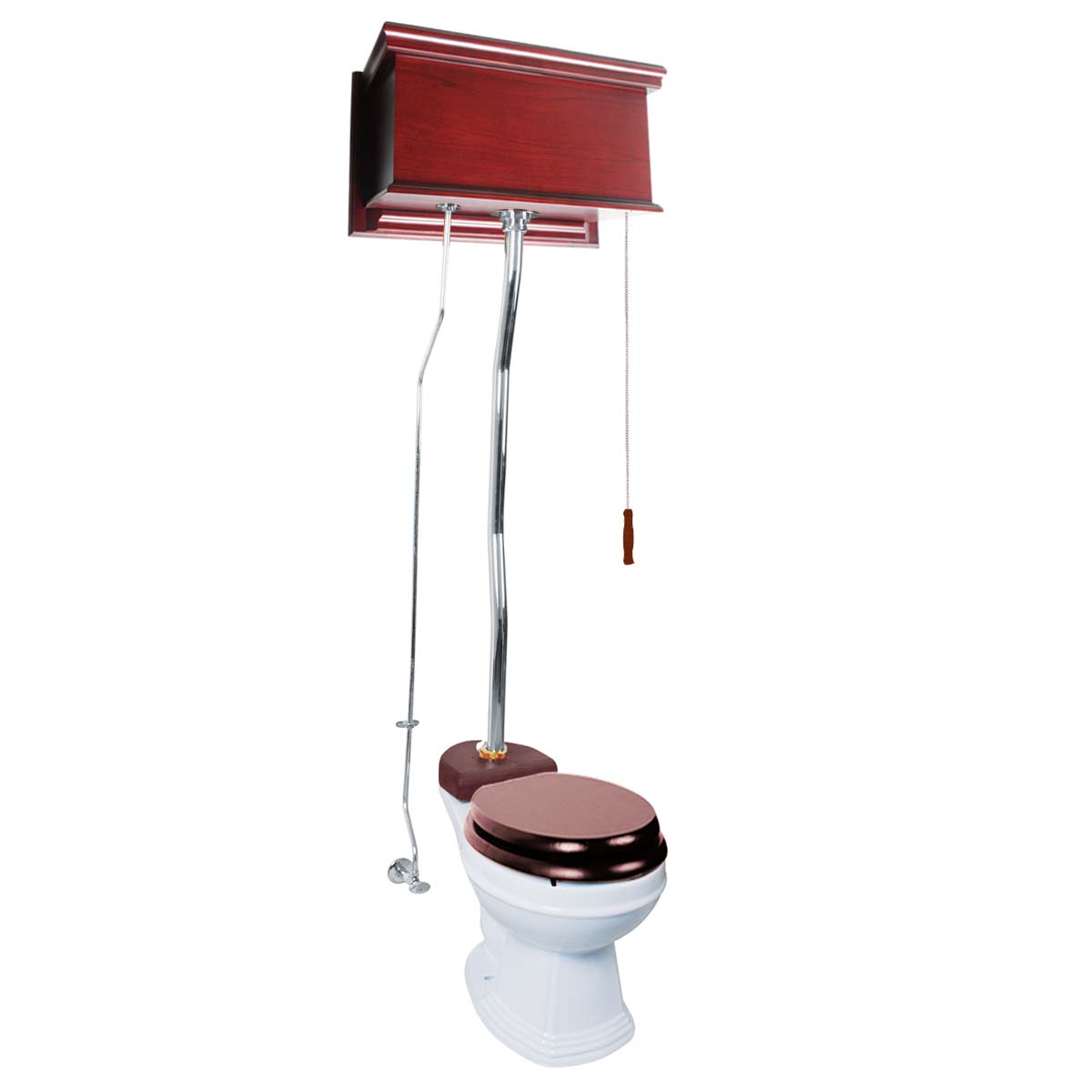 Cherry Wood Finish High Tank Pull Chain Toilet Wooden Flat Tank