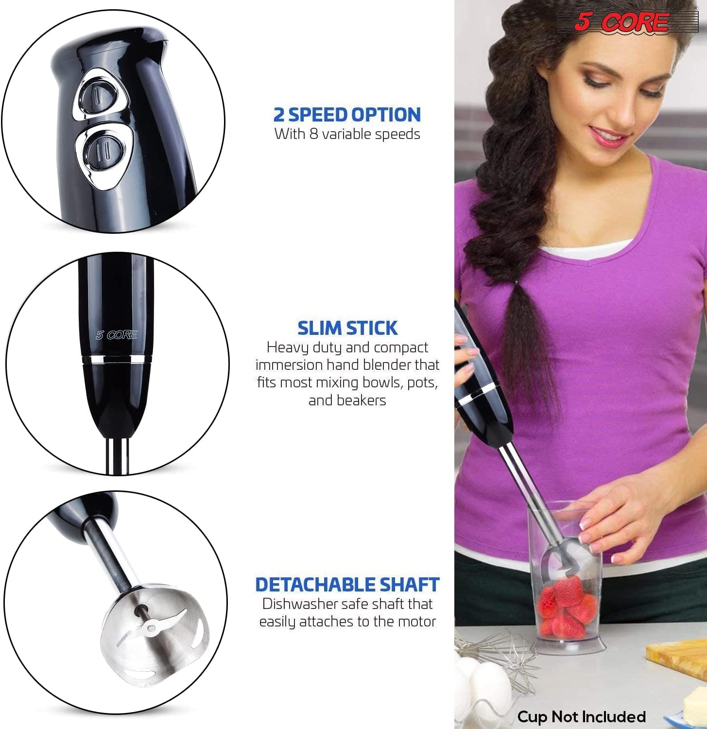 Powerful Immersion Blender, Electric Hand Blender 500 Watt with Turbo Mode, Detachable Base. Handheld Kitchen Blender Stick for Soup, Smoothie