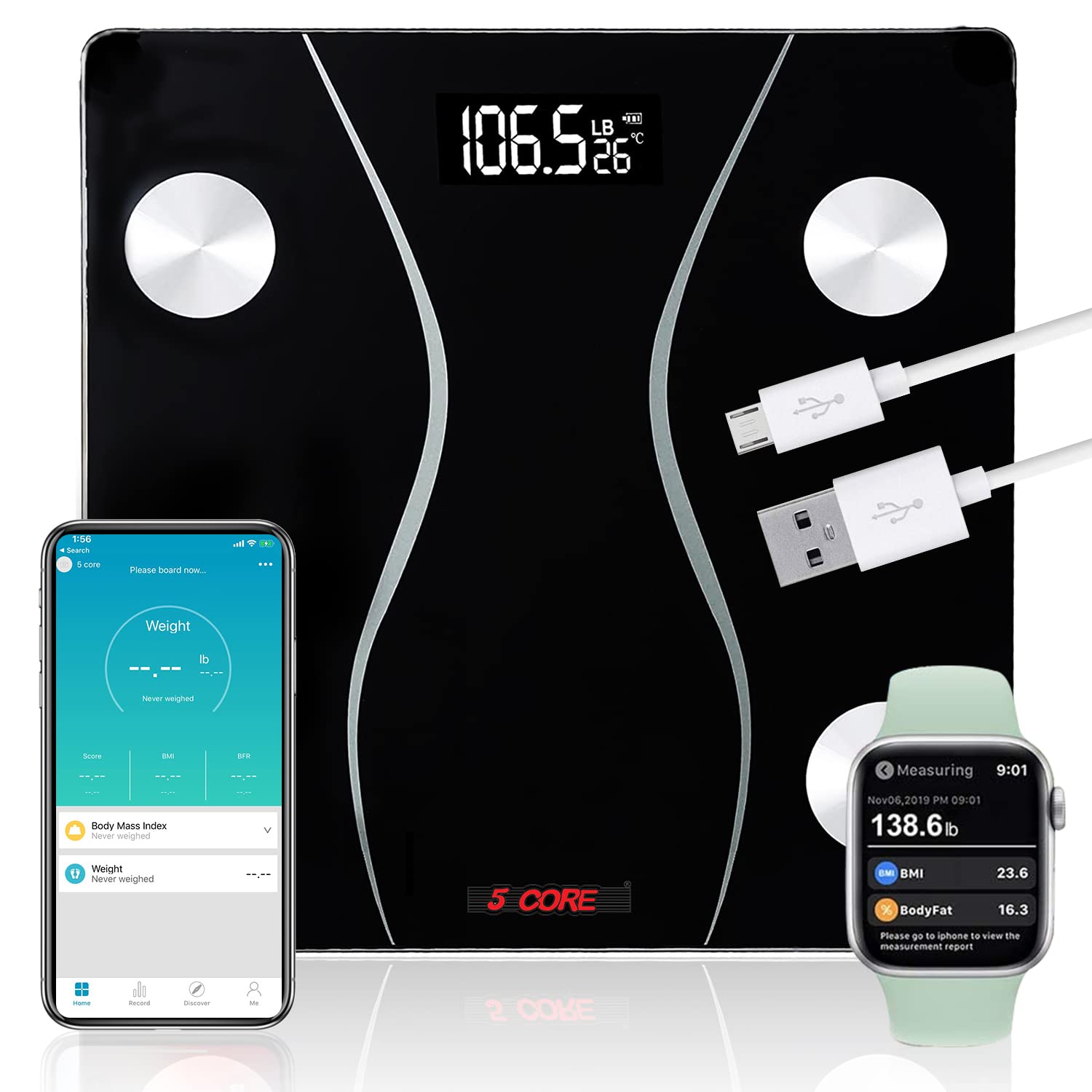 5 Core Smart Digital Bathroom Weighing Scale with Body Fat and Water Weight  for People, Bluetooth BMI Electronic Body Analyzer Machine, 400 lbs. BBS