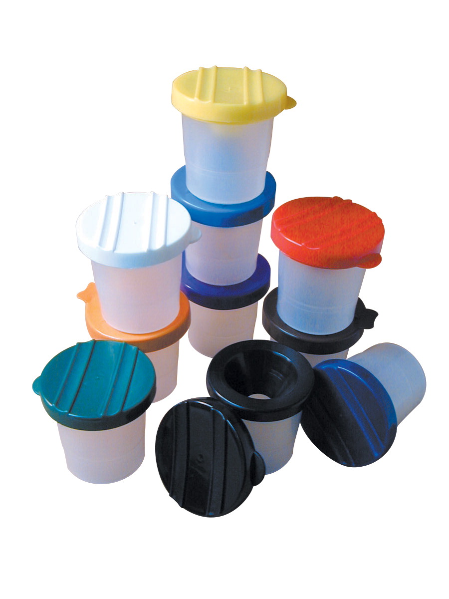 No-Spill Paint Cups, Assorted Color Lids/Cear Cups, 10/Set